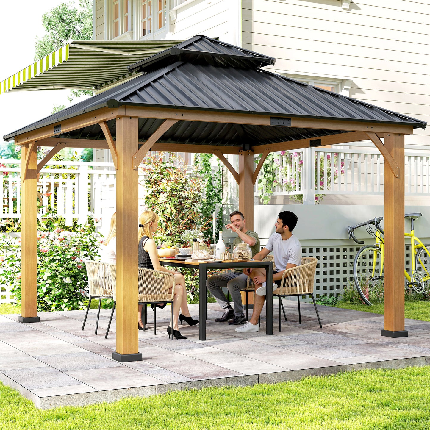 3.5 x 3.5m Outdoor Hardtop Gazebo Canopy with Two-tier Metal Roof and Solid Wood Frame Outdoor Patio Shelter for Patio