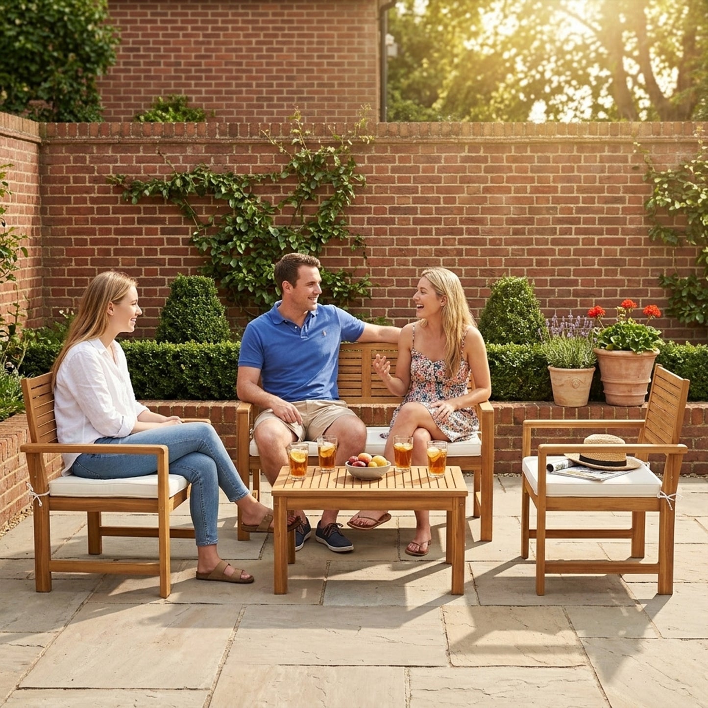 4 Seater Wooden Garden Furniture Set with Loveseat, Armchairs, Table, Acacia Wood Garden Sofa Set, Cream White