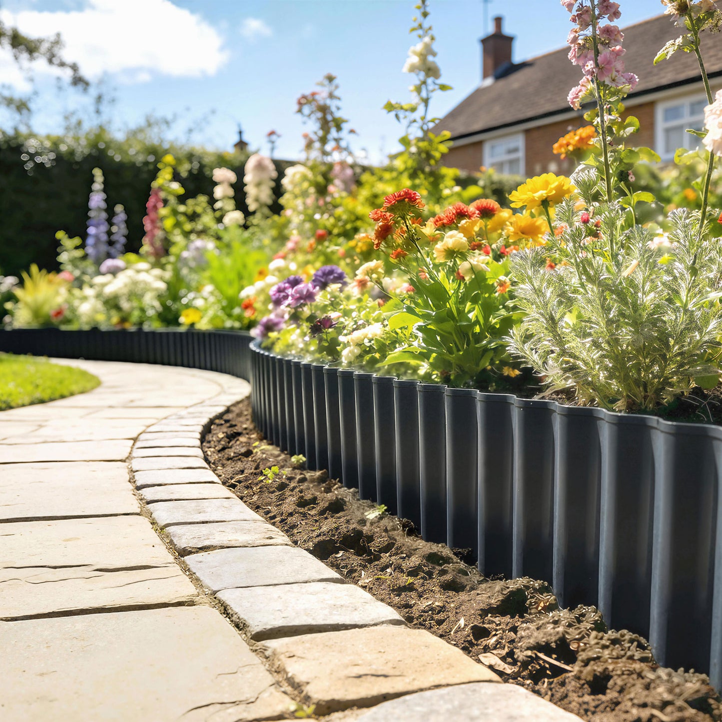 Metal Garden Edging Border, 8 in x 21.3 ft Corrugated Heavy Duty Galvanised Steel Lawn Edging, Dark Grey