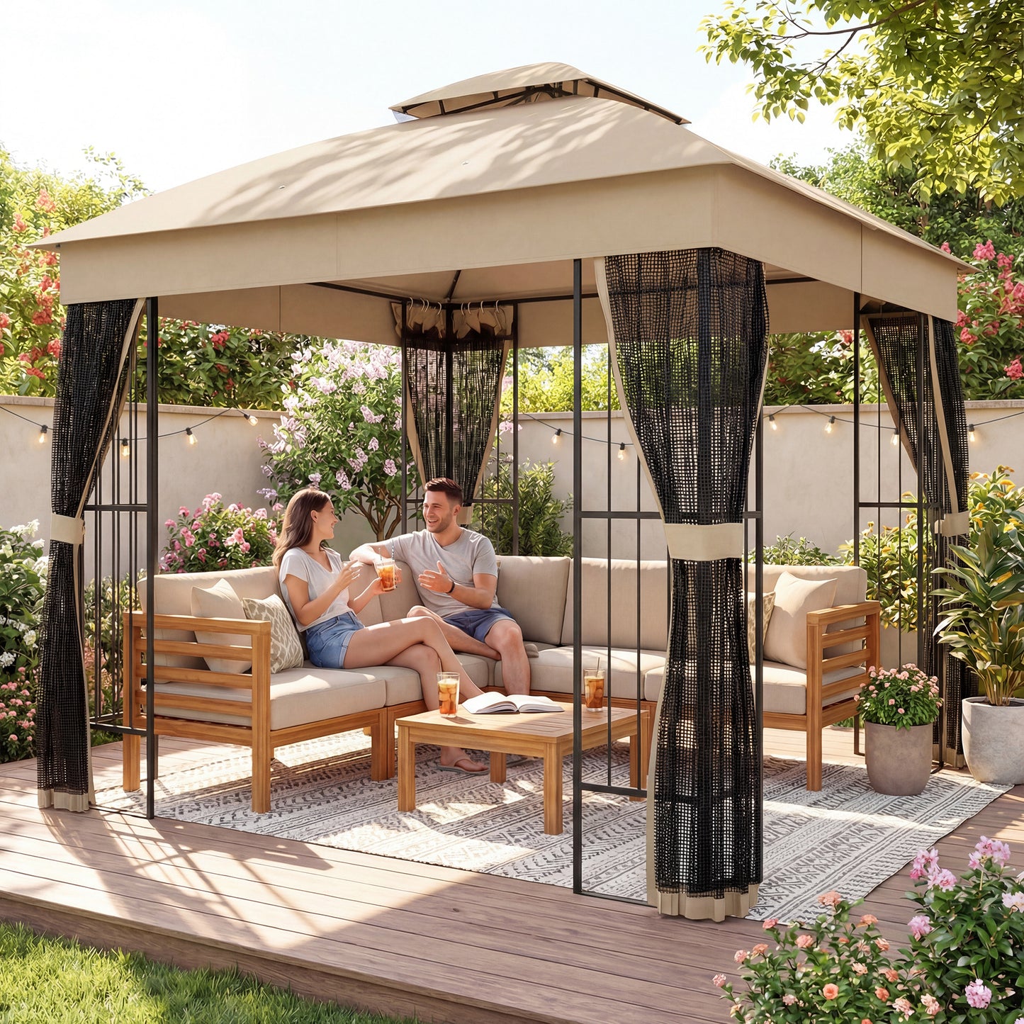 3 x 3 m Outdoor Garden Gazebo with Post Shelves, UPF50+ Double Roof Patio Permanent Pavilion, Brown