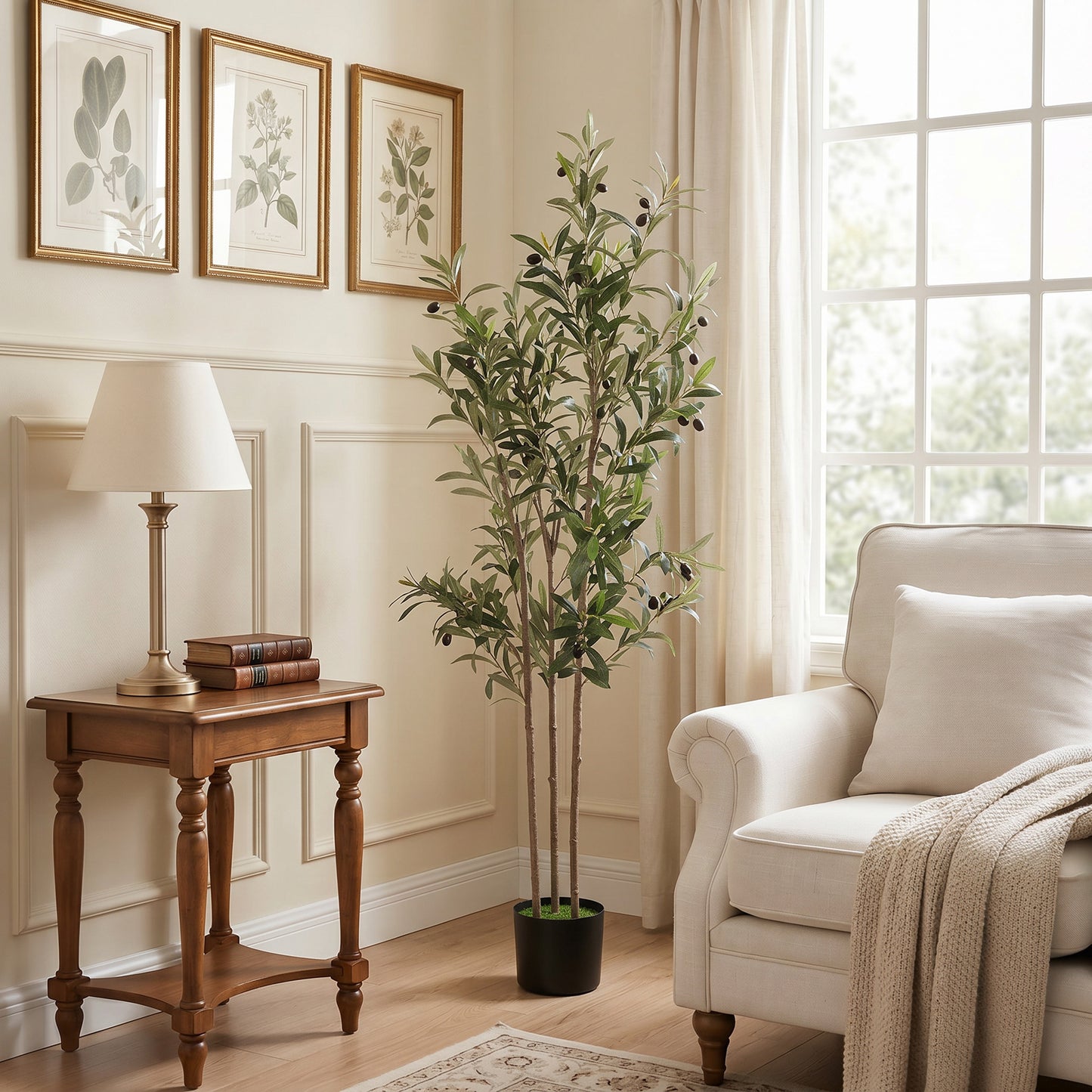 Decorative Artificial Plant, 148 cm Silk Olive Tree with 553 Leaves in Cement Pot, Fake Plant
