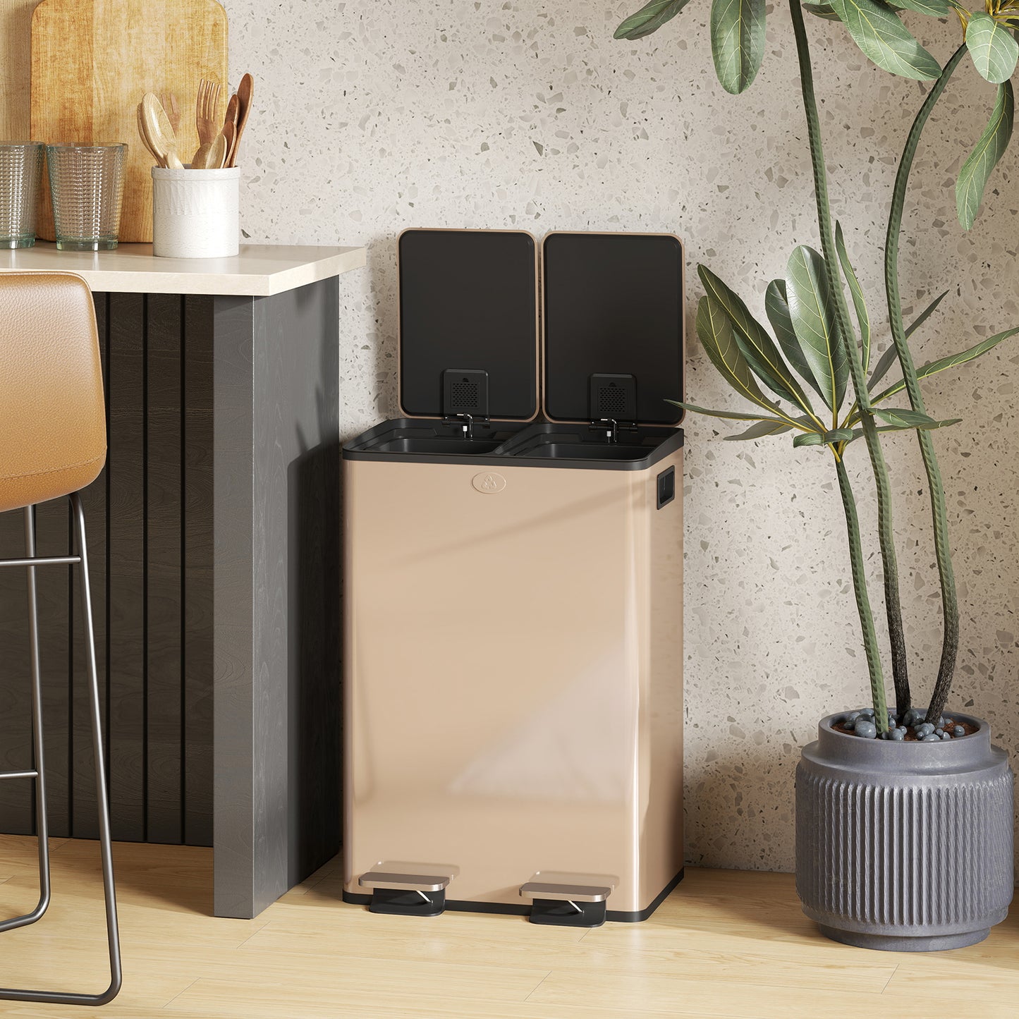56L Dual Compartment Stainless Steel Bin, with Deodoriser Holders - Gold Tone