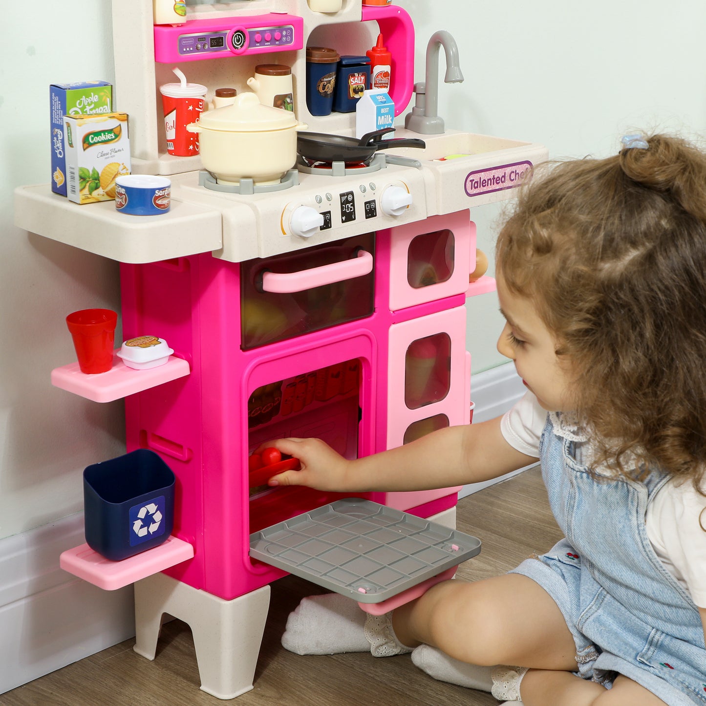 Pretend Play Kitchen Set with Realistic Lights & Sounds, 104PCS Toy Kitchen Accessories for Boys and Girls, Pink