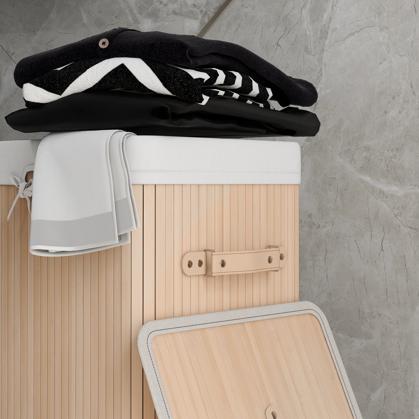 70L Collapsible Bamboo Laundry Hamper Organizer Clothes Washing Basket Bin Storage Box w/ Lid Removable Lining 40x30x60cm