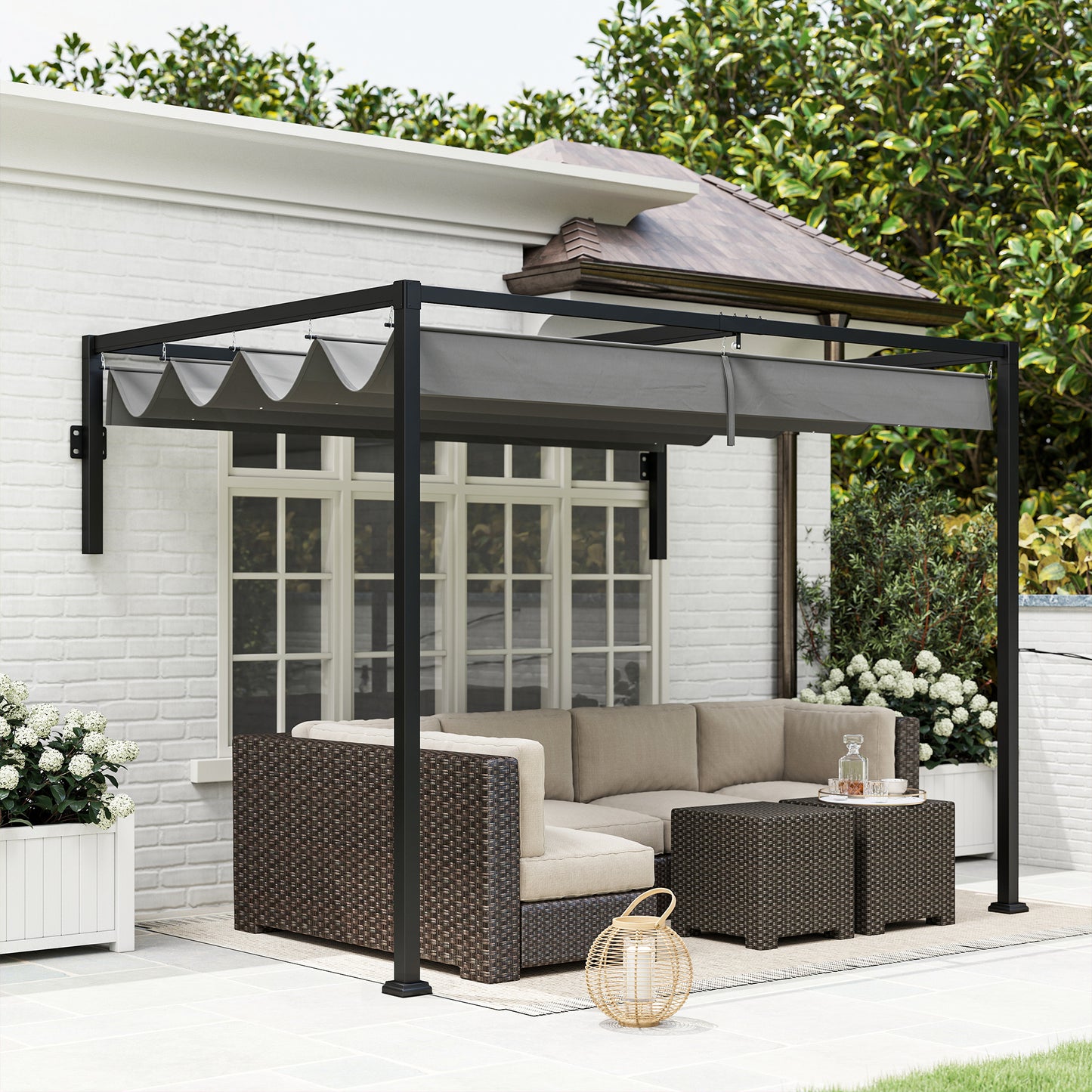 2 x 3(m) Lean To Steel Pergola, with Moving Fabric Canopy - Dark Grey