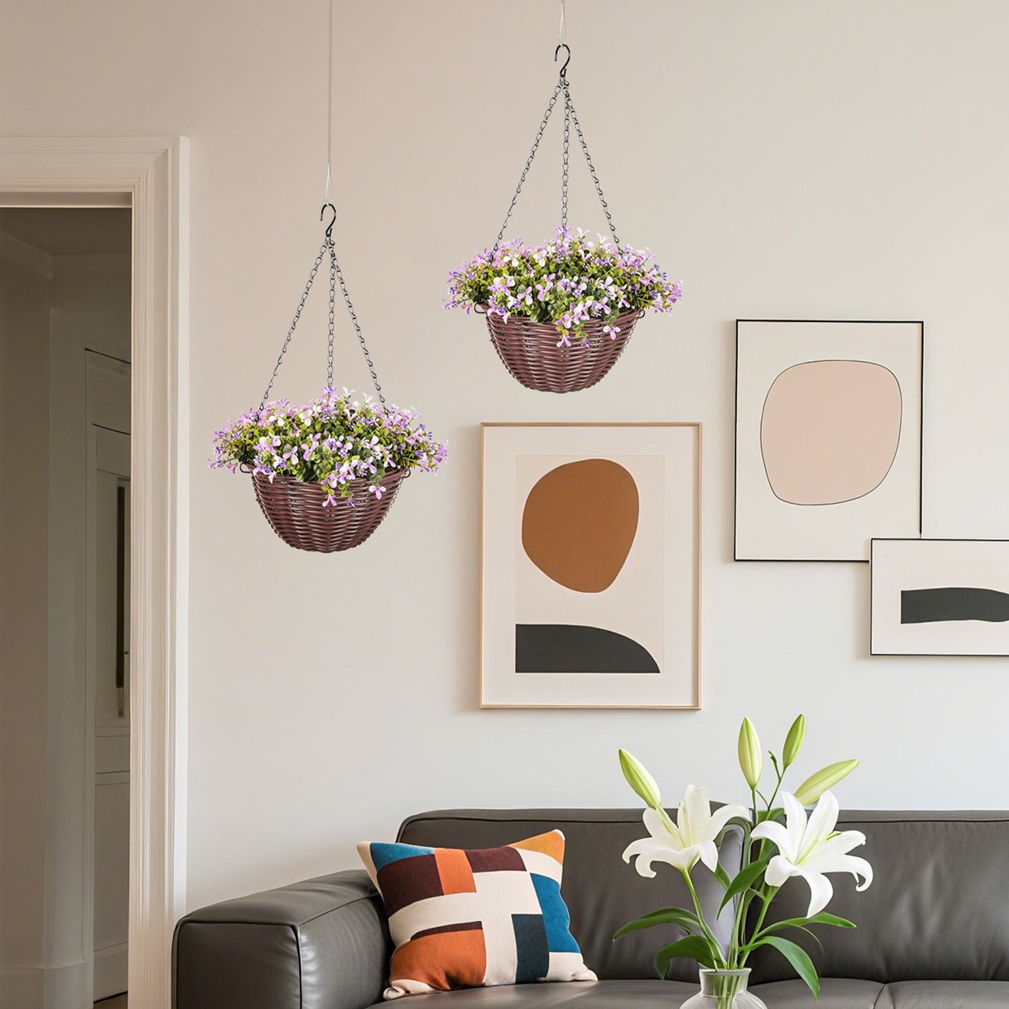 Artificial Flowers in Basket Set of 2, Artificial Hanging Baskets with 75 Leaves and 15 Flowers in Pot