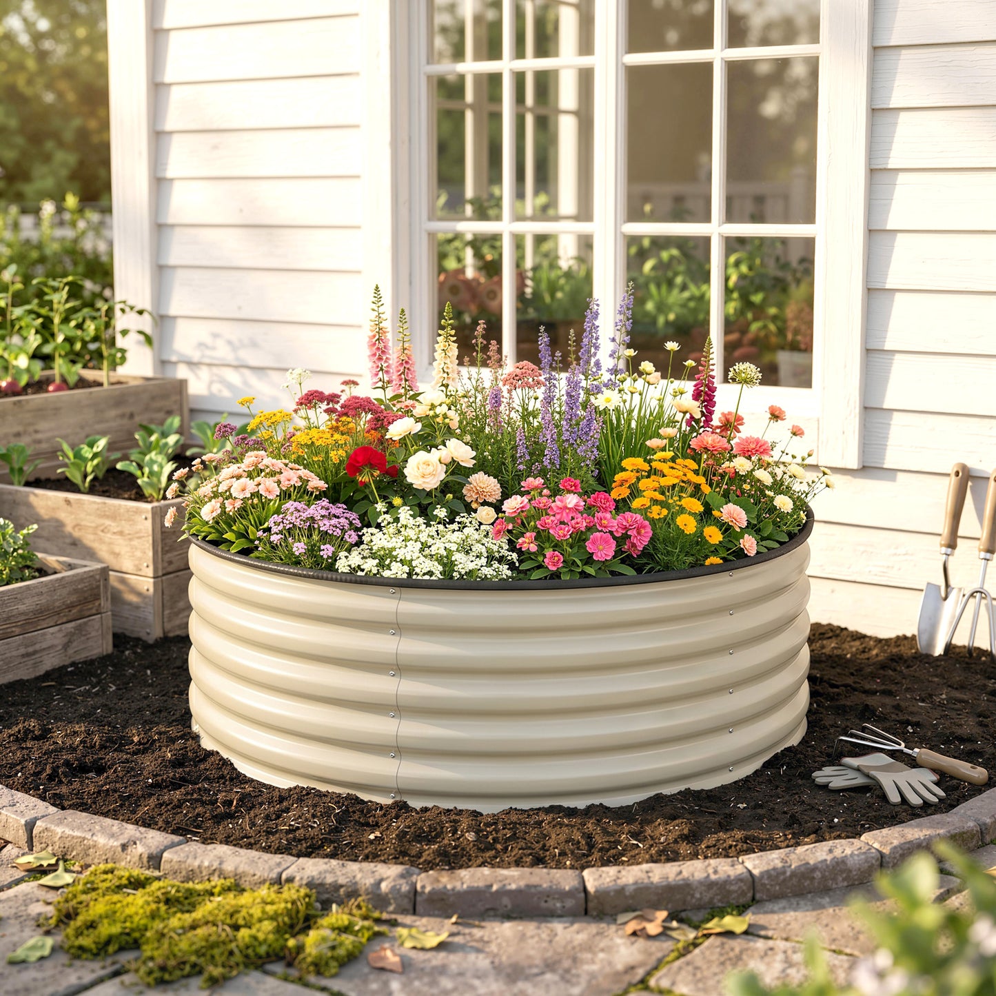 Galvanised Raised Garden Bed with Safety Edging, Outdoor Raised Planter Box with Gloves, 120 x 120 x 43cm, Cream White