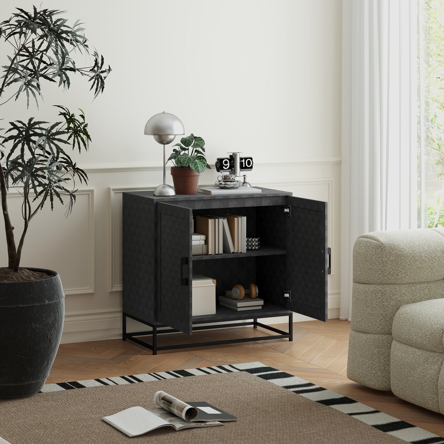 Modern Sideboard, Freestanding Sideboard Storage Cabinet with Adjustable Shelf and 2 Doors for Living Room, Black