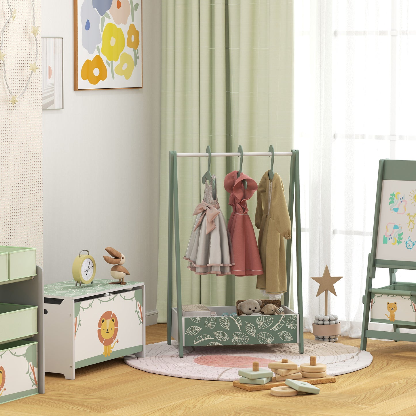 Baby Clothing Rack with Hangers, Storage Shelf for Bedroom, Leaf Theme, for Ages 3-6, Green