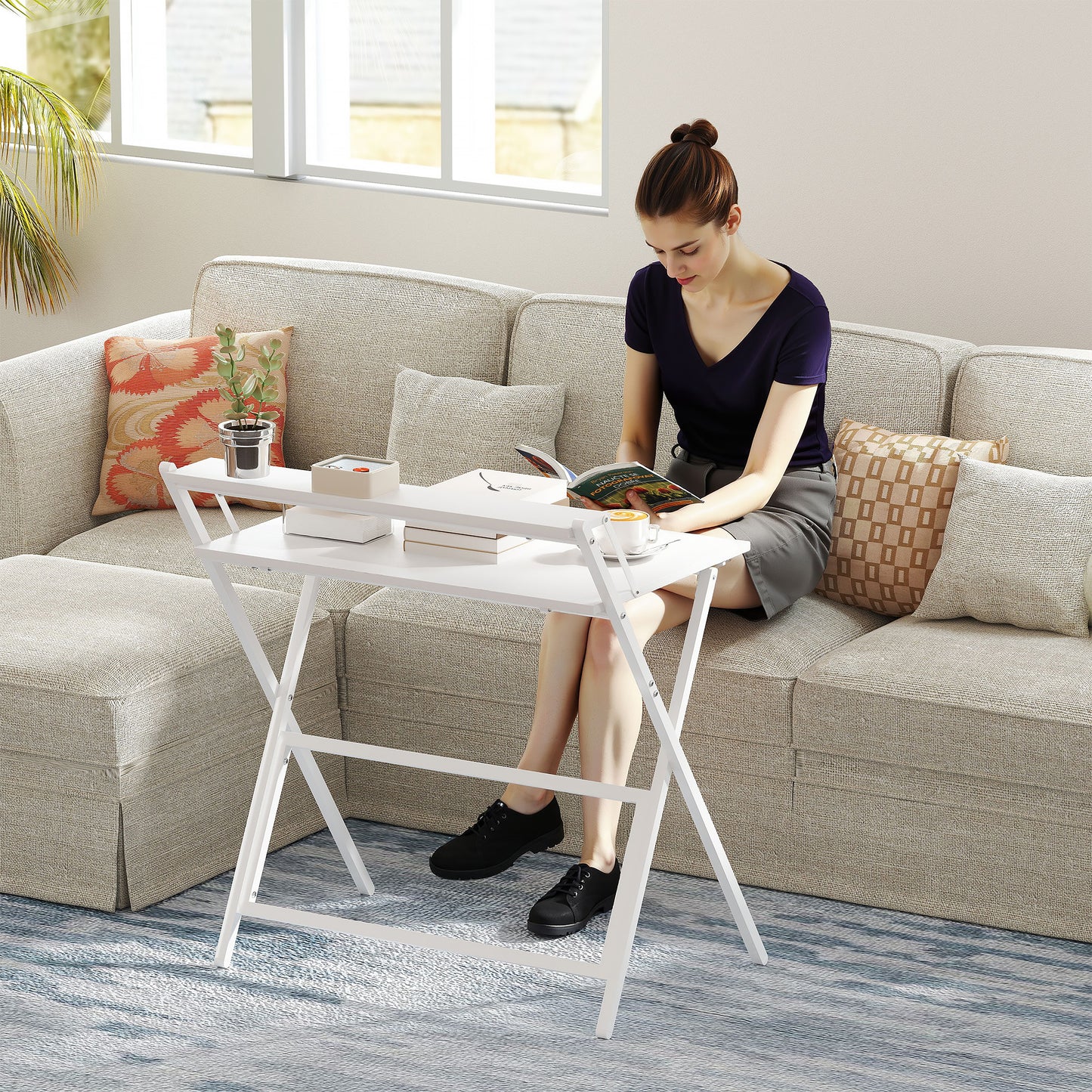 81.5 cm Folding Computer Desk with Monitor Shelf - White