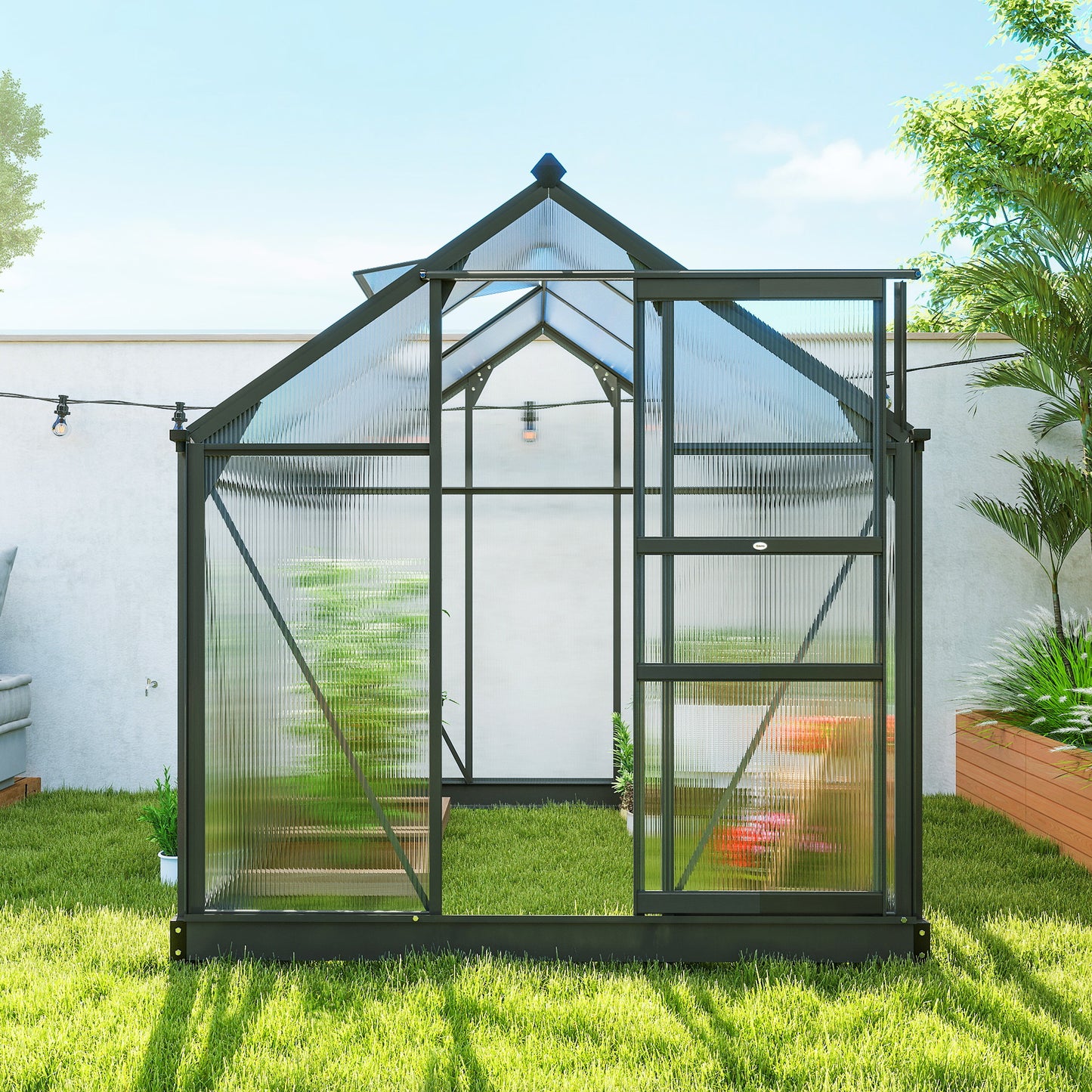 6 x 6ft Polycarbonate Greenhouse, Large Walk in Green House with Slide Door and Window