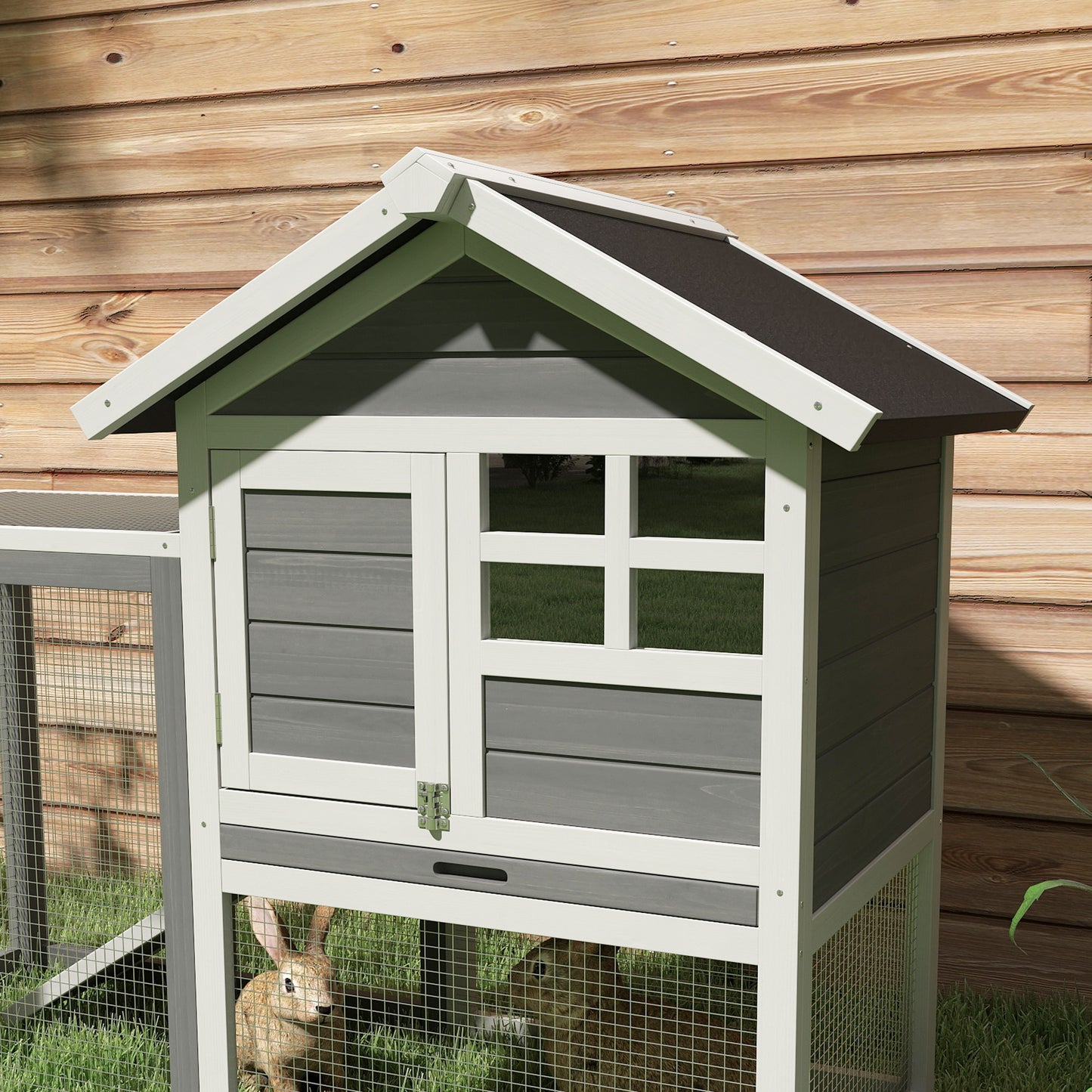 Rabbit Hutch Outdoor Wooden Guinea Pig Hutch Rabbit Run Bunny Cage Small Animal House Pull-Out Tray, Grey, 124 x 63 x 93 cm