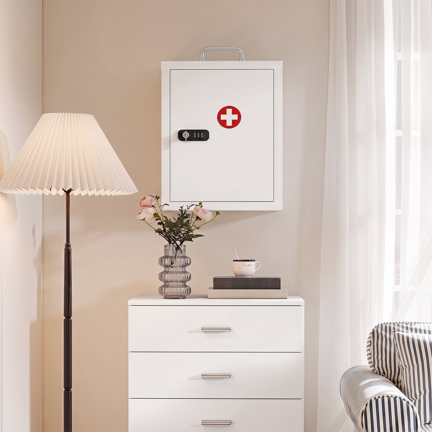 Wall Mount Medicine Cabinet with Combination and Key Lock, 3 Tier Steel First Aid Cabinet, White