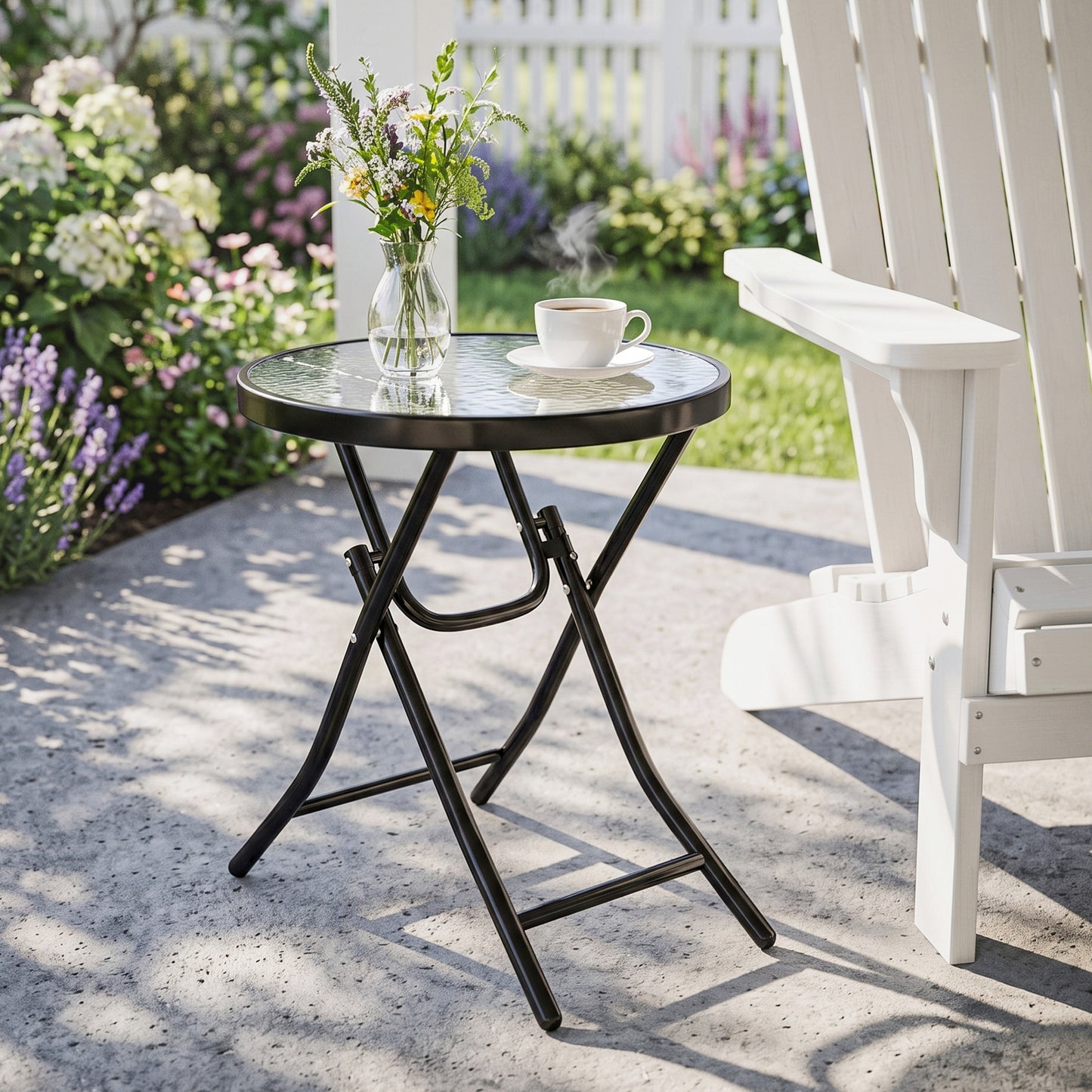 Foldable Garden Side Table, Round Folding Table with Glass Tabletop and Safety Buckle for Patio, Garden, Outdoor, Indoor