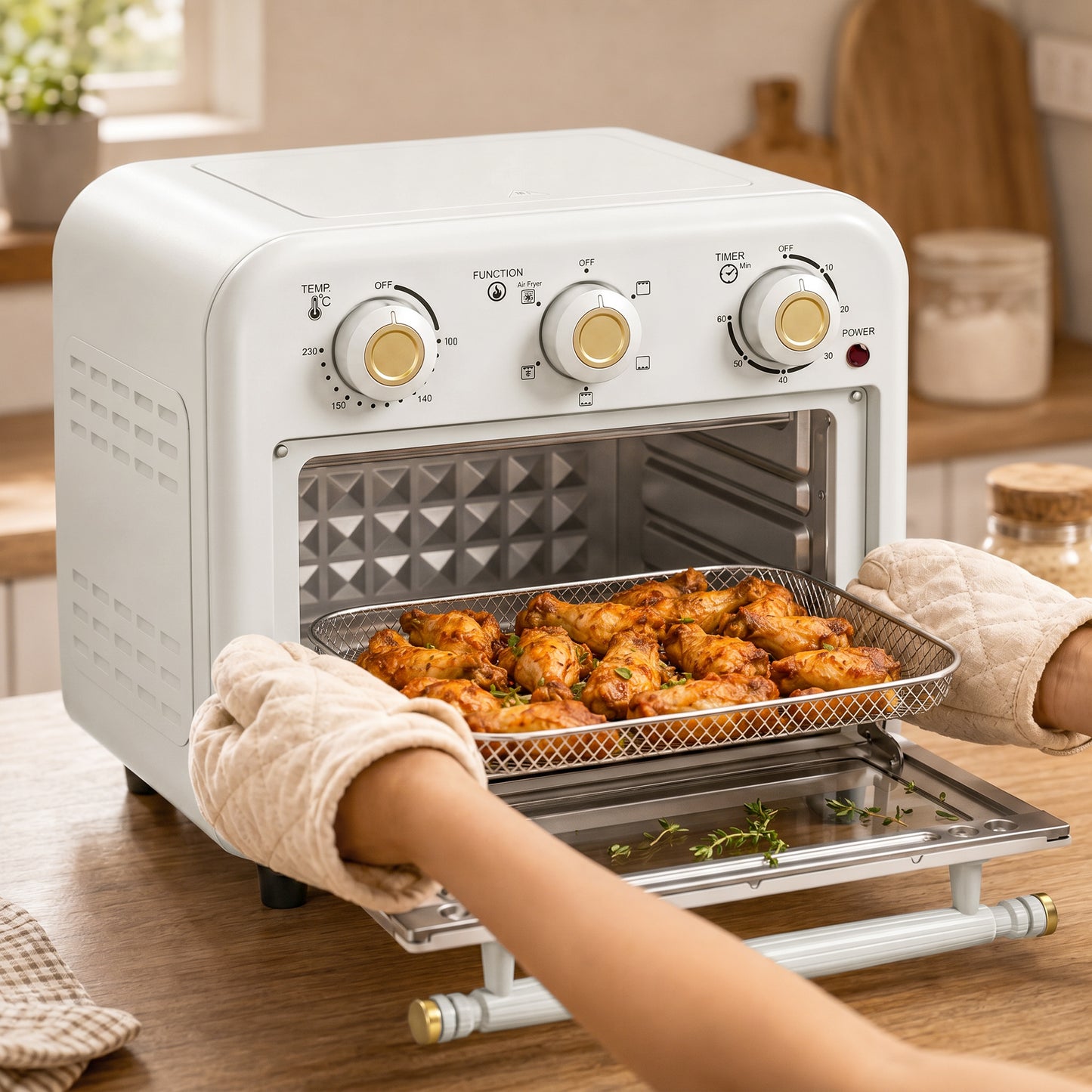 Air Fryer Toaster Oven, Convection Countertop Oven, with Adjustable Temperature and Timer, 12 L, Cream White