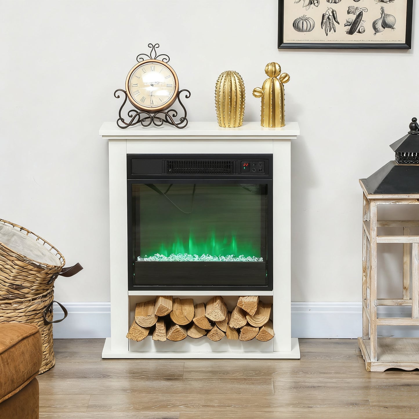 1800W Adjustable Faux Flame Electric Fireplace - White
