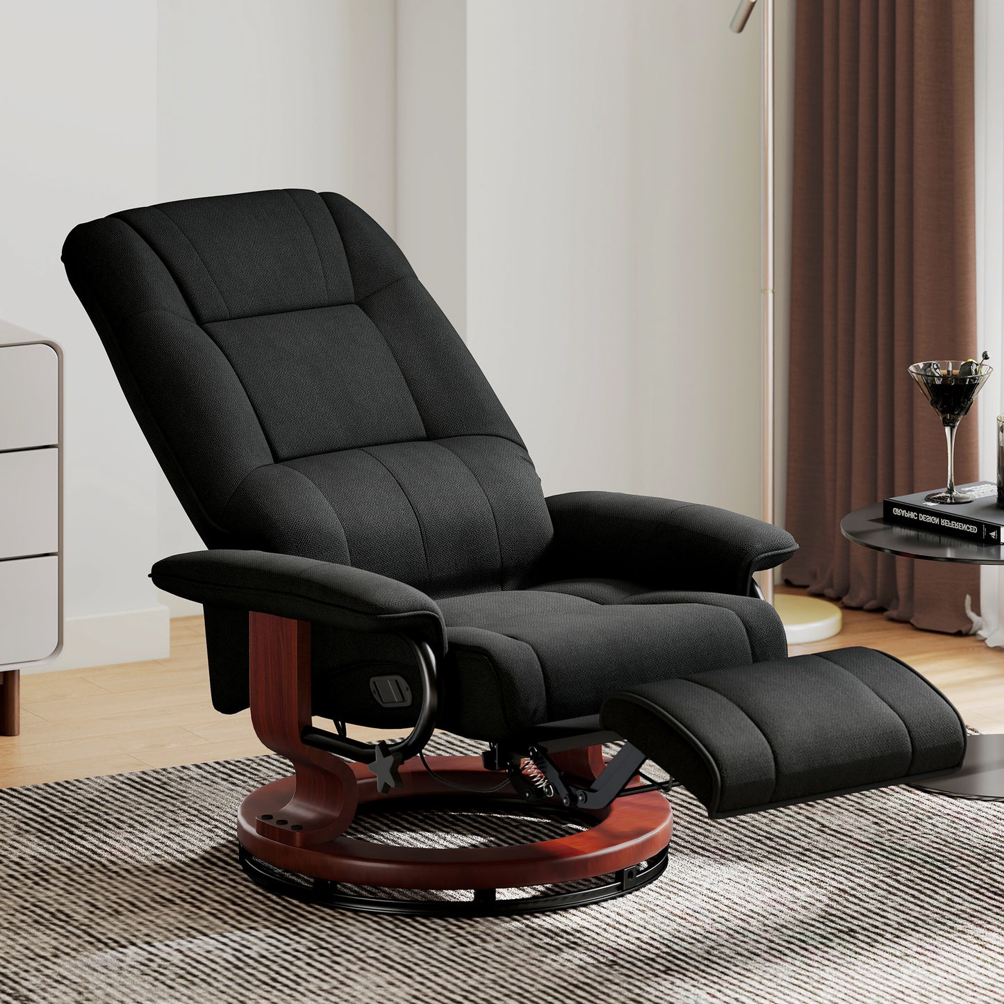 Reclining Swivel Chair, with Footrest - Black