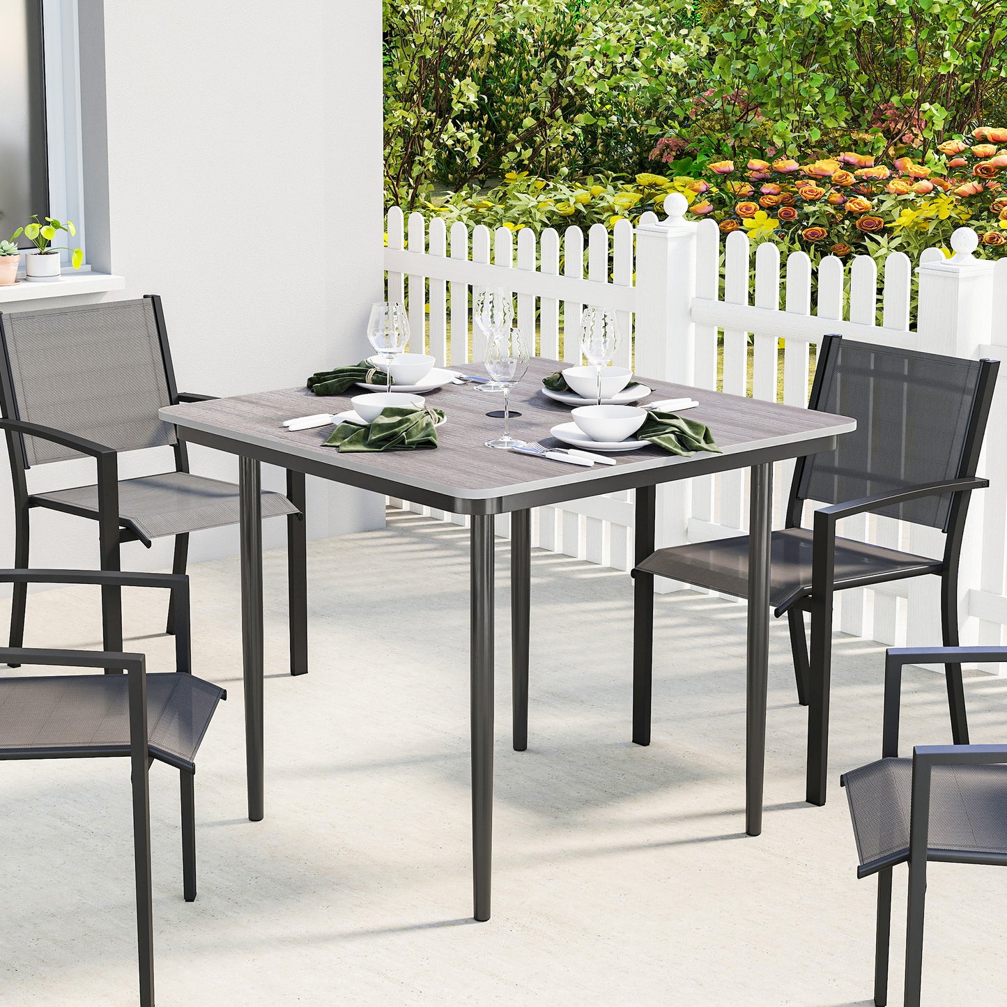 Garden Dining Table for 4, 85 cm Square Outdoor Table with Umbrella Hole, Faux Wood Top, Metal Legs, Light Grey