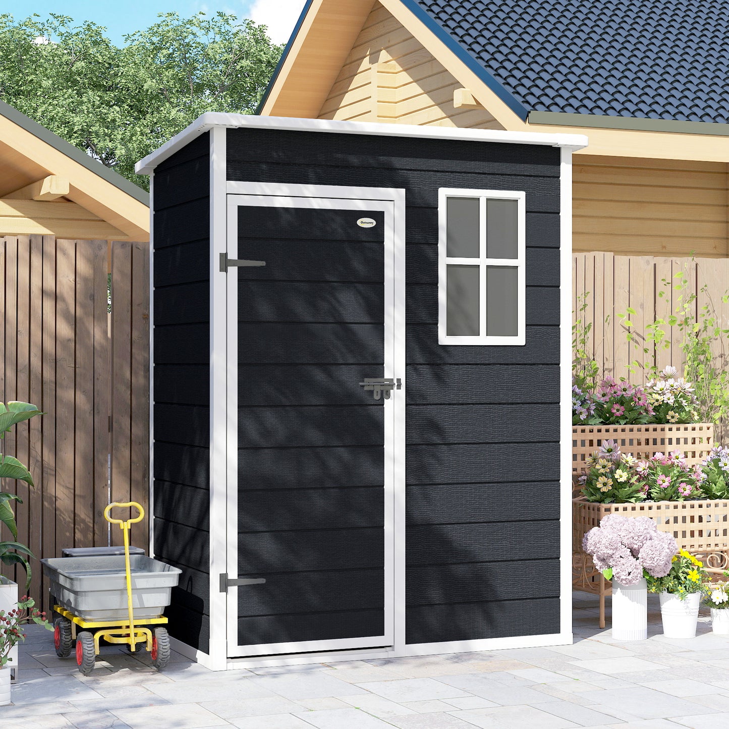 5' x 3' Garden Shed with Floor, Outdoor Storage Shed with Lockable Door, Window and Vent, Black