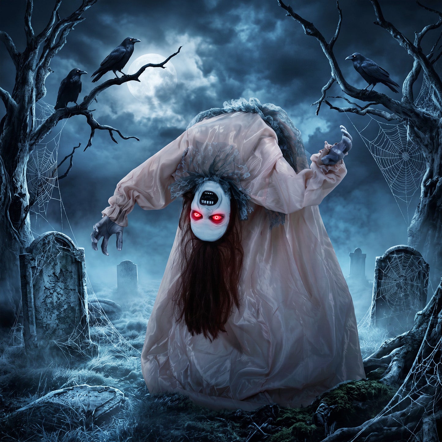 Animated Halloween Ghost, Halloween Animatronics with Creepy Screams, Glowing Eyes, Sound/Touch Activated