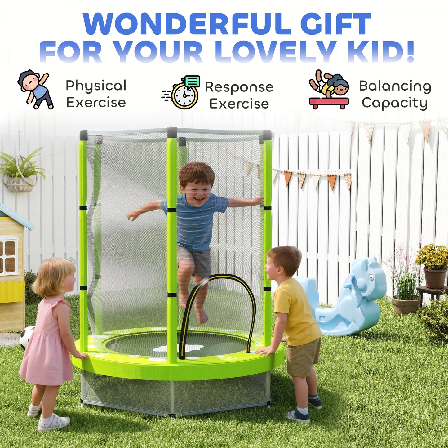 4.6ft Toddler Trampoline w/ Safety Enclosure Net, for Indoor Outdoor Use, Ages 3-6 Years, Green