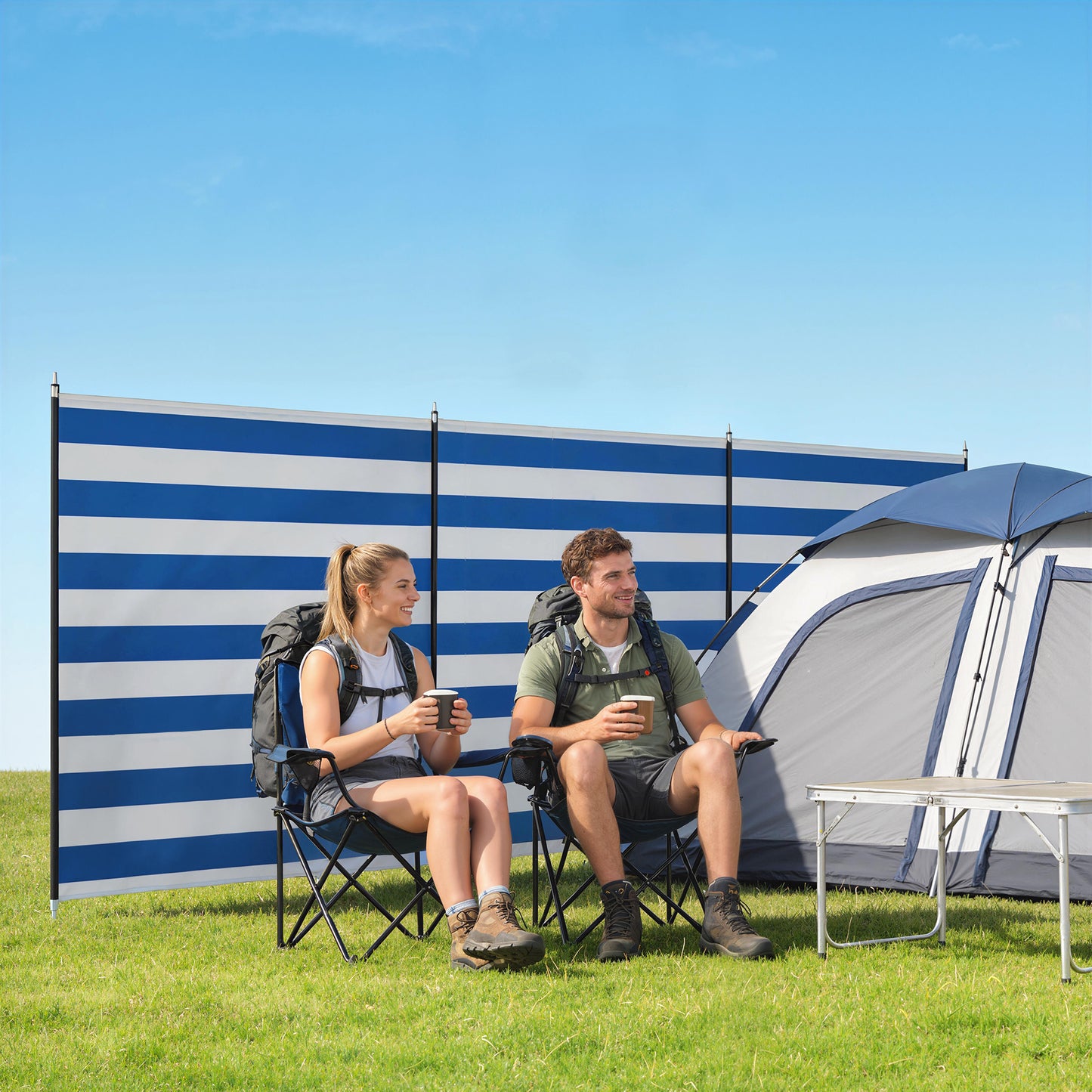 4 Pole Camping Windbreaks, Beach Wind Shield Shelter with Carry Bag and Steel Poles, 540cm x 150cm, Dark Blue