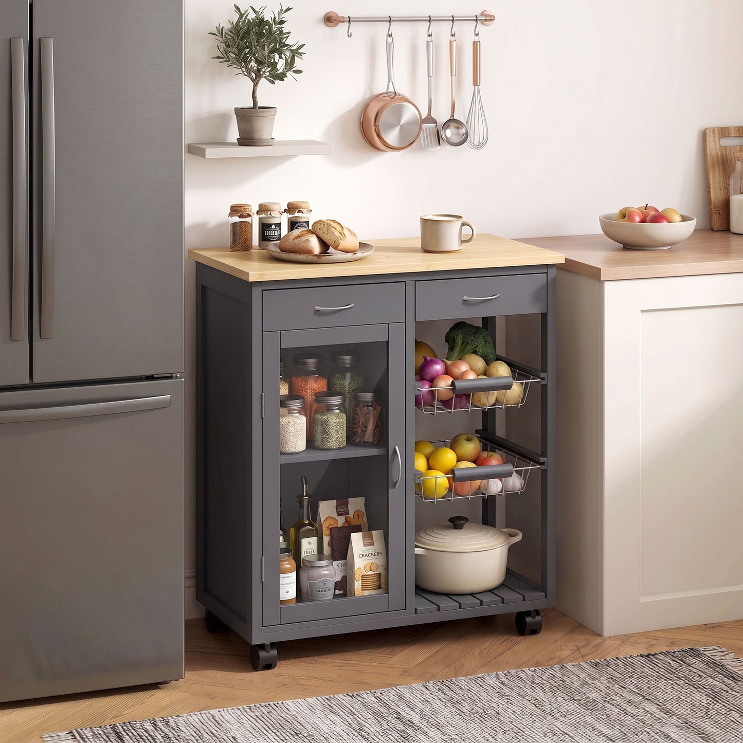 Bamboo Kitchen Island, Rolling Kitchen Trolley with Glass Door, 2 Metal Wire Baskets and Adjustable Shelf, Grey