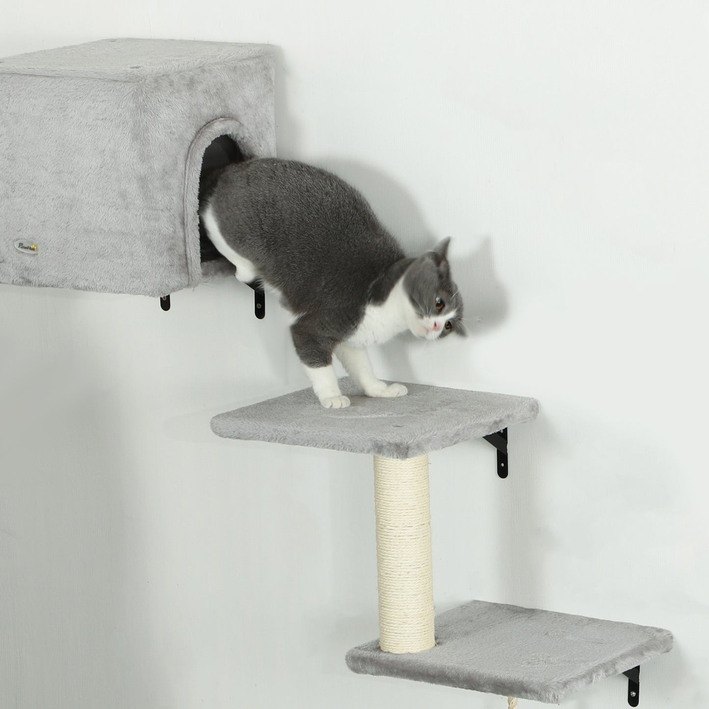 6-Piece Cat Wall Shelves Set with Condo, Cat Wall Furniture with Platforms, Sisal Scratching Post, Bed, Toy Ball, Grey