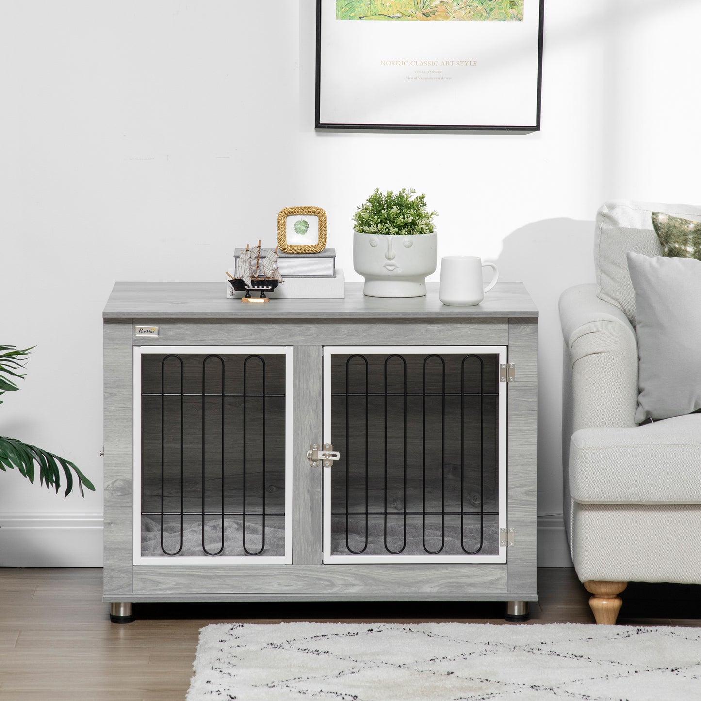 Dog Crate Furniture, Dog Cage End Table. with Soft Cushion, Double Door, for Medium/Large Dogs, Grey