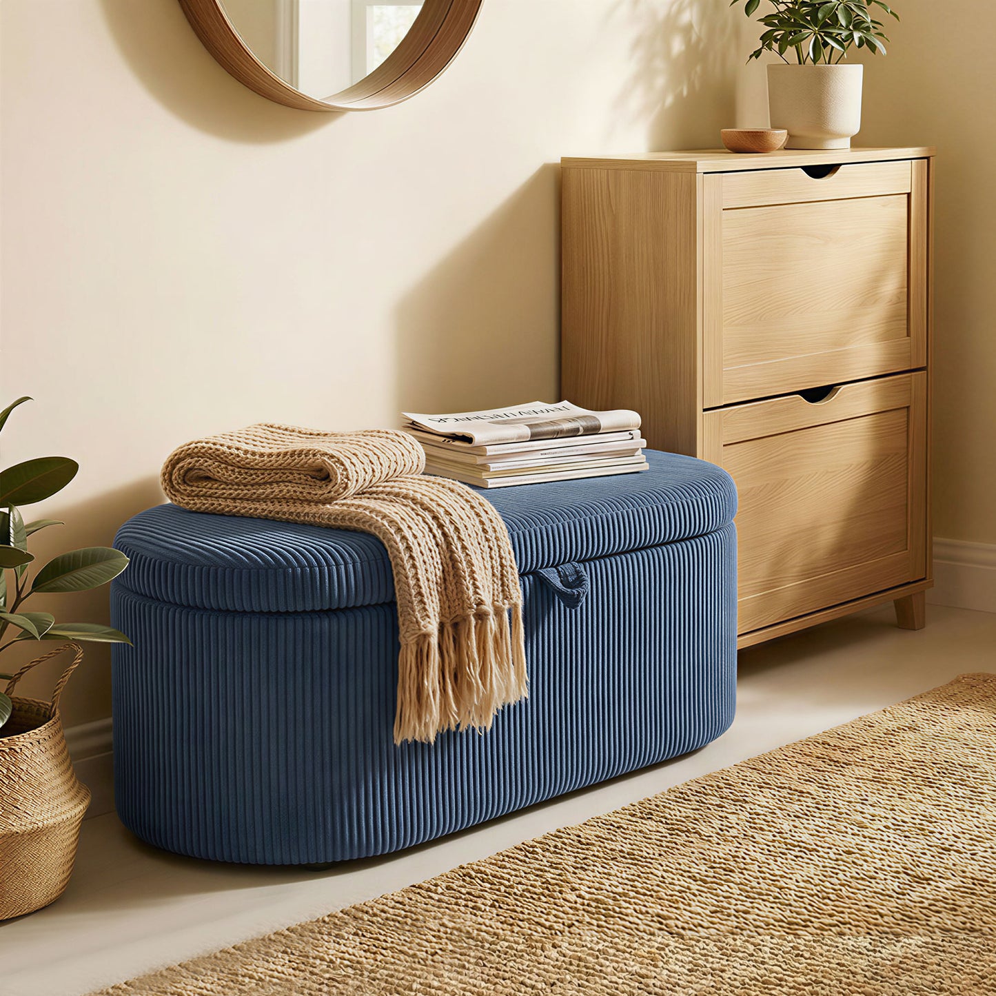 Storage Ottoman, Corduroy Upholstered Ottoman Storage Box with Padded Seat, 105 x 51 x 49 cm, Blue