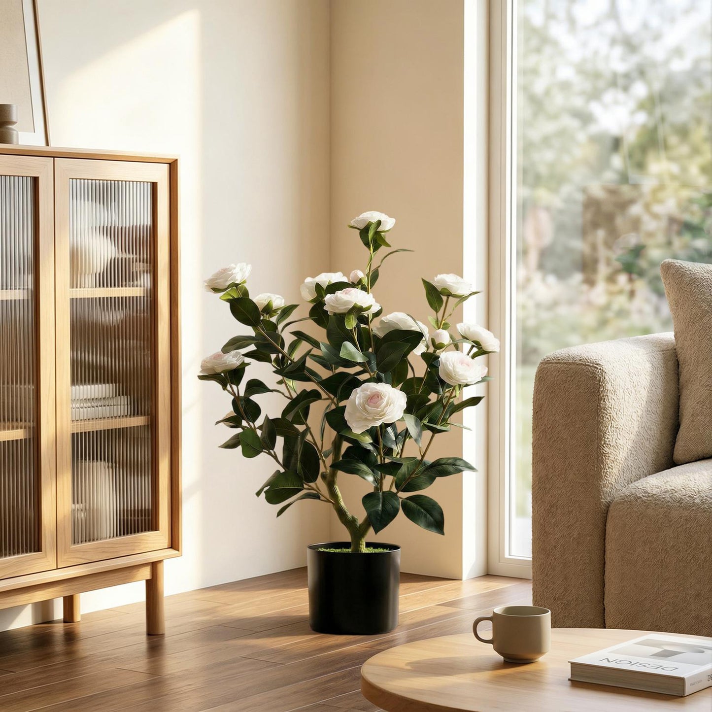 65cm Artificial Camellia Flower Plant in Pot with 116 Lush Leaves & Moss Effect, White
