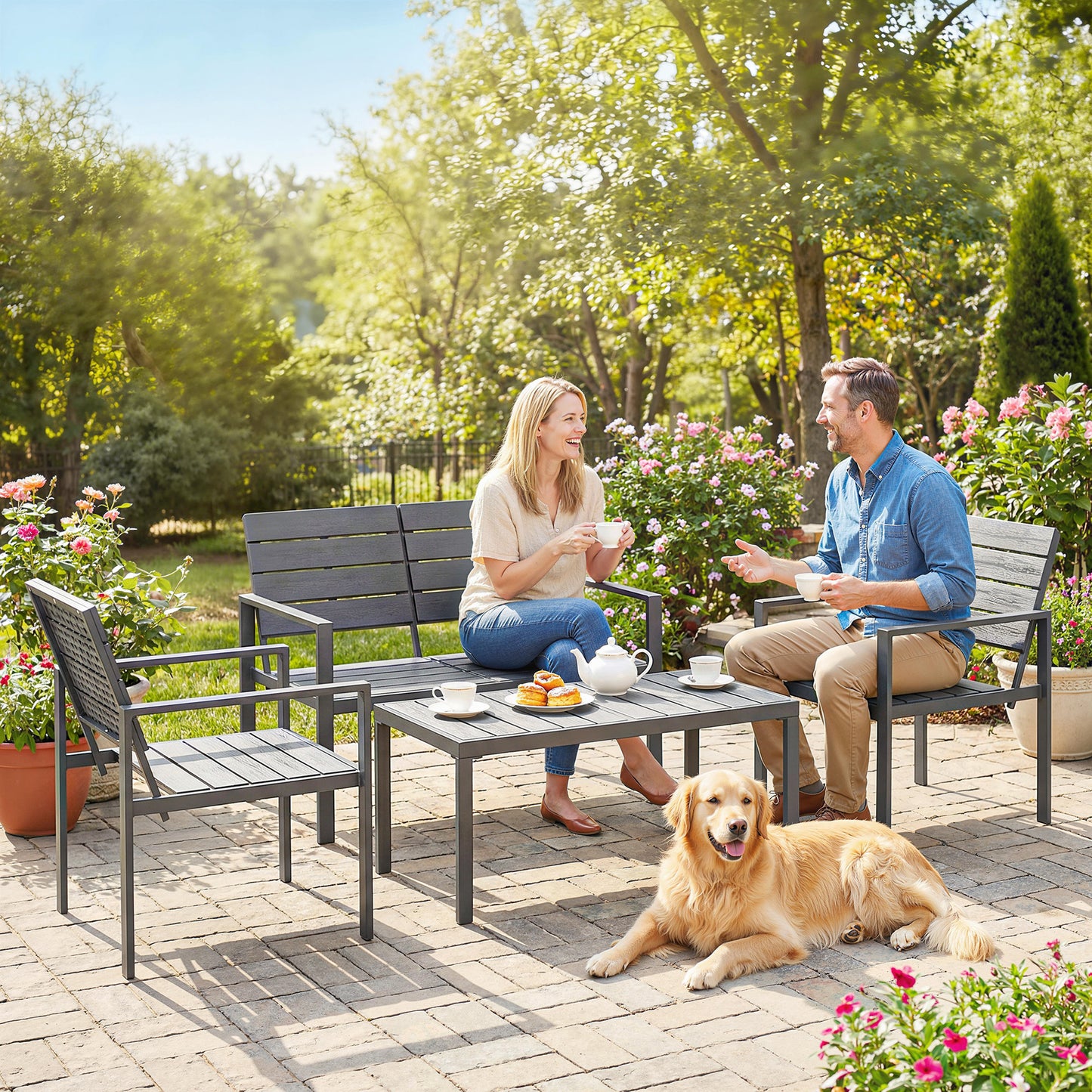 4 Piece Garden Furniture Set, Outdoor Sofa Set with HDPE Slatted Loveseat Armchairs Coffee Table Metal Frame, Dark Grey