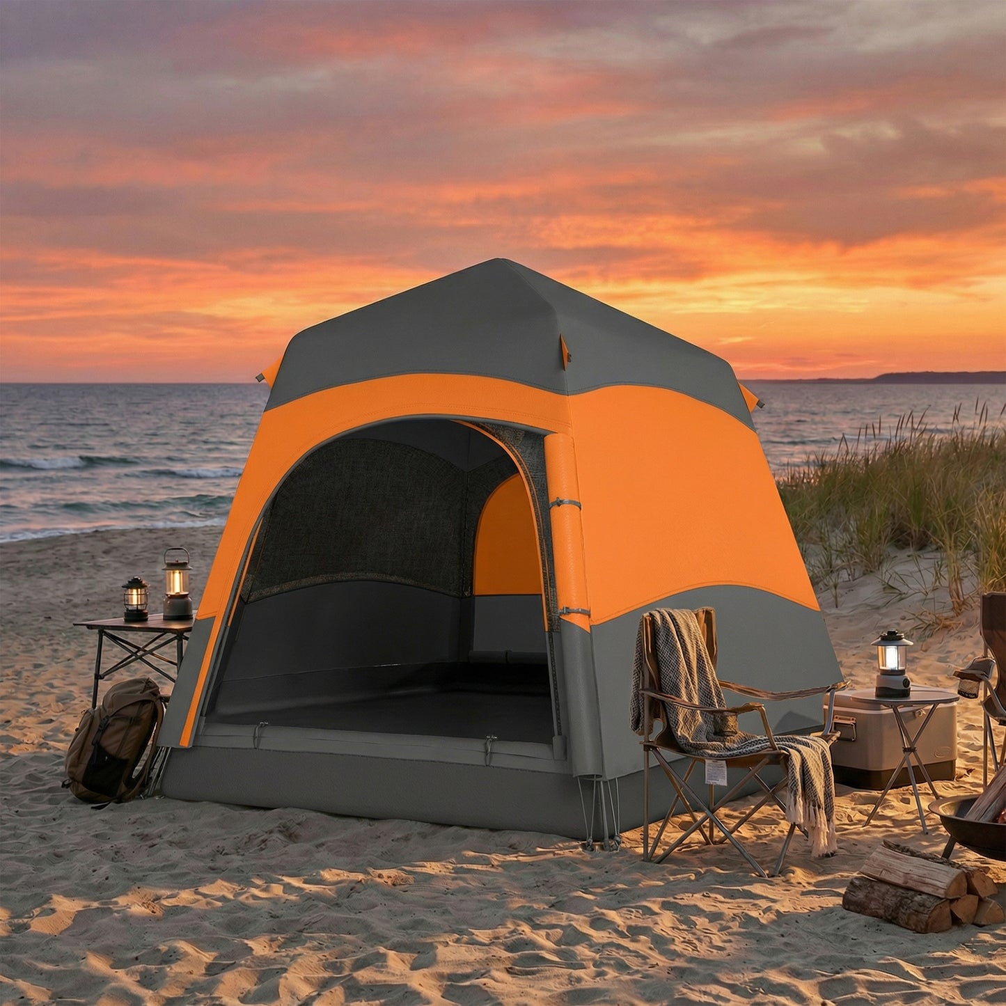Double Layer Instant Pop Up Tent with Rainfly, Portable Camping Shelter with Sewn-in Groundsheet and Carry Bag, Orange