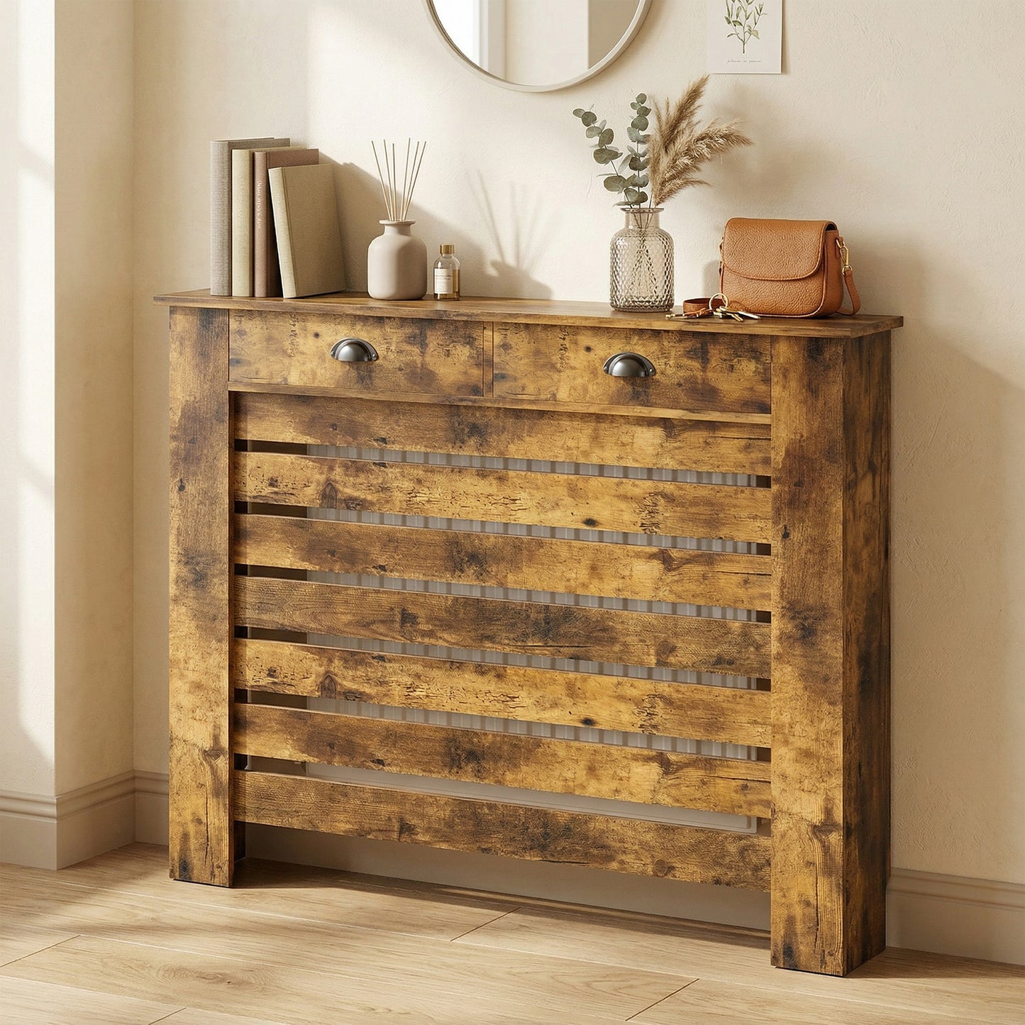 95.5H x 111Wcm Radiator Cover, with Drawer - Rustic Brown