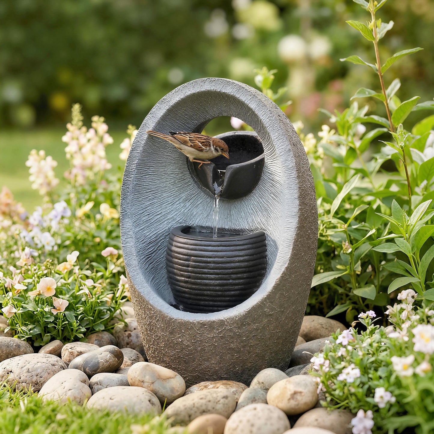 Water Feature with 2-Tier Bowls, Garden Water Fountain with Pump and LED Lights, Resin Cascading Waterfall