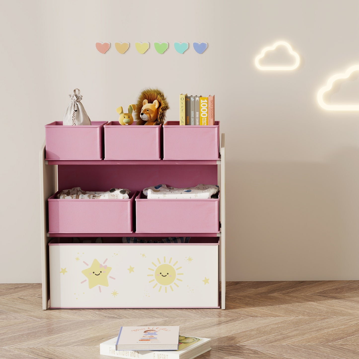 Kids Toy Storage Units, 3-Tier Toy Organiser Shelf with 6 Removable Boxes for Kids, Bedroom, Playroom, Pink