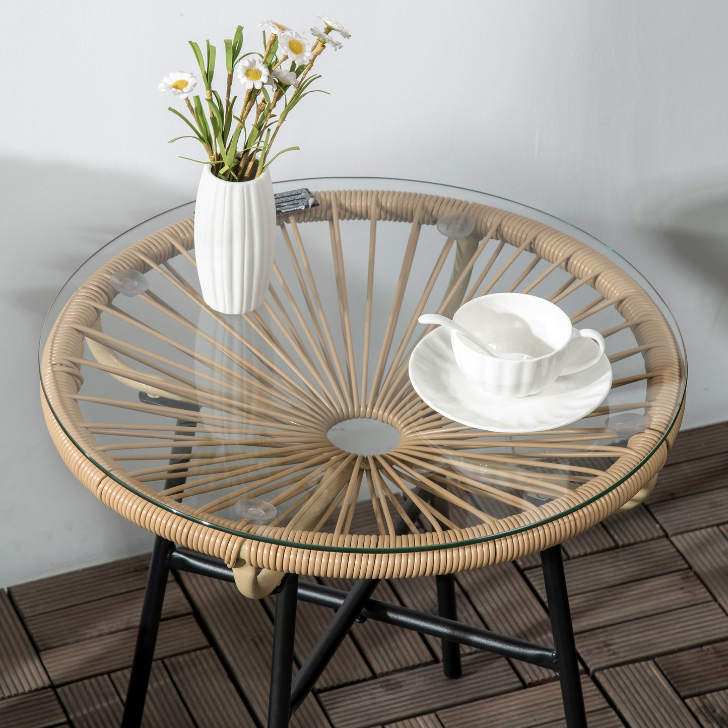 Rattan Side Table, Round Outdoor Coffee Table, with Round PE Rattan and Tempered Glass Tabletop for Patio, Garden, Balcony