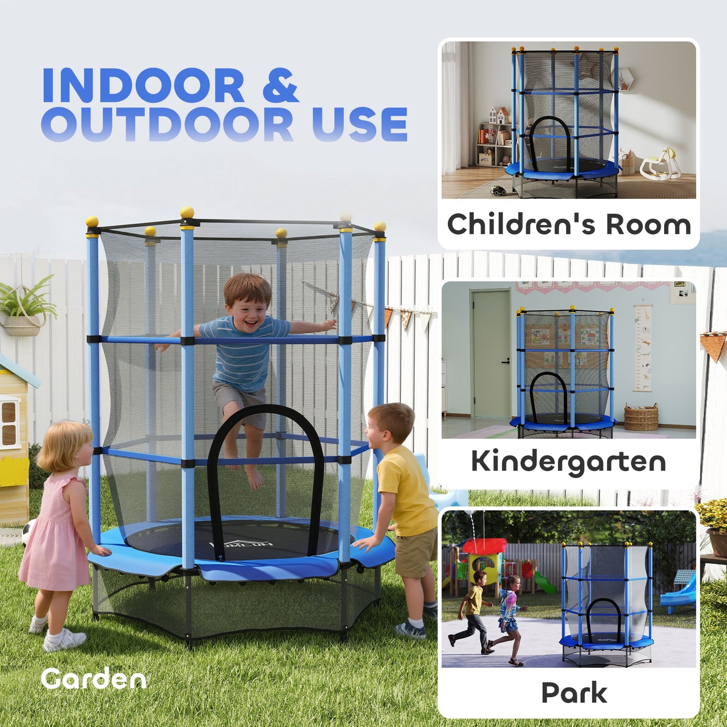 4.6FT/55" Kids Trampoline with Enclosure Net, Outdoor Indoor Use, for Ages 3-10 Years, Blue