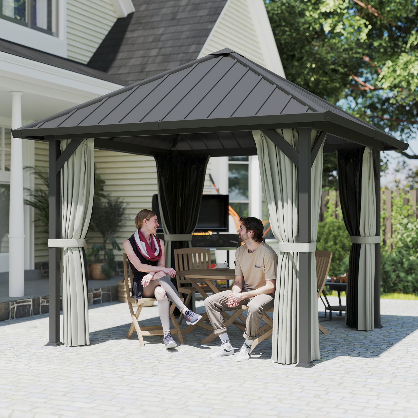 3 x 3(m) Hardtop Gazebo with Galvanised Steel Roof and Water Gutter, Waterproof Permanent Pavilion Garden Gazebo