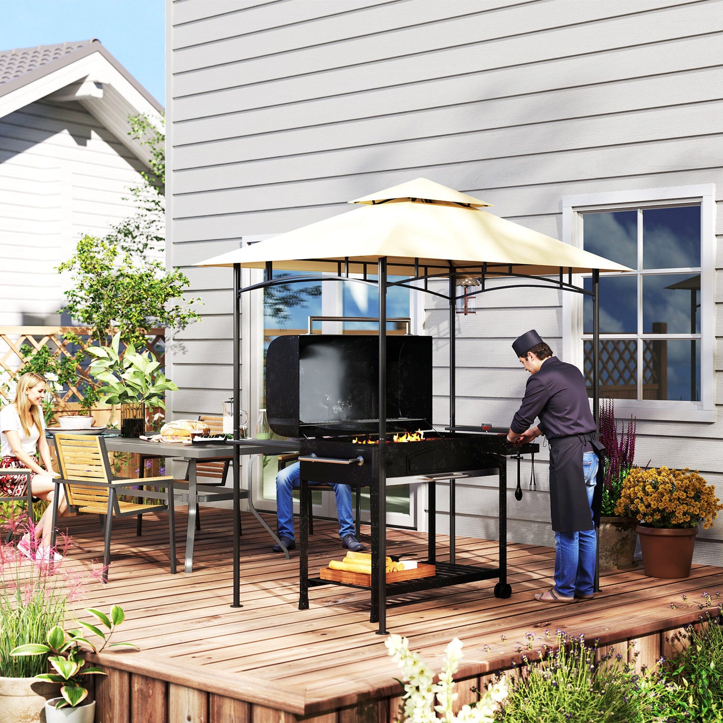 8' x 5' Grill Gazebo, Double Tiered BBQ Gazebo Shelter Canopy with LED Lights, 2 Side Shelves, Hooks, Beige