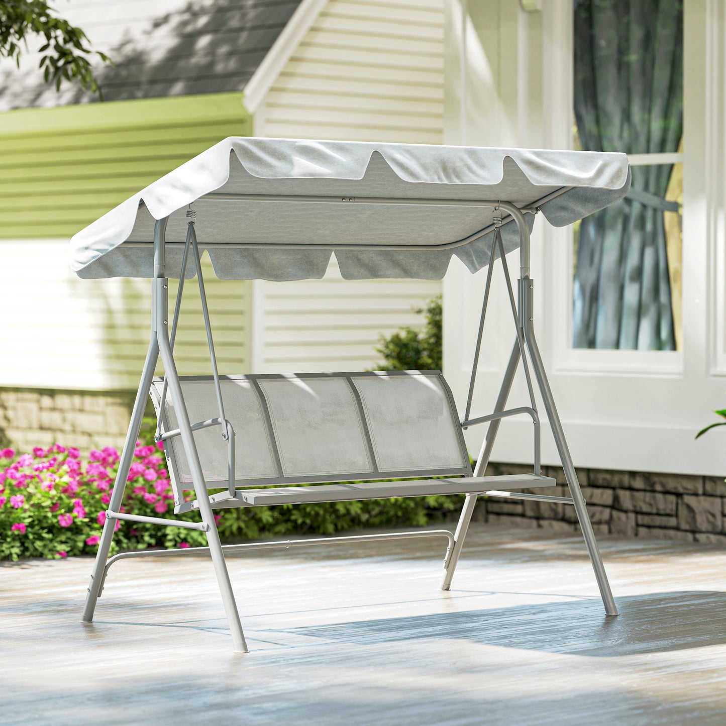 Metal Garden Swing Chair, 3-Seater Swing Seat, Patio Hammock Bench Canopy Lounger, Light Grey