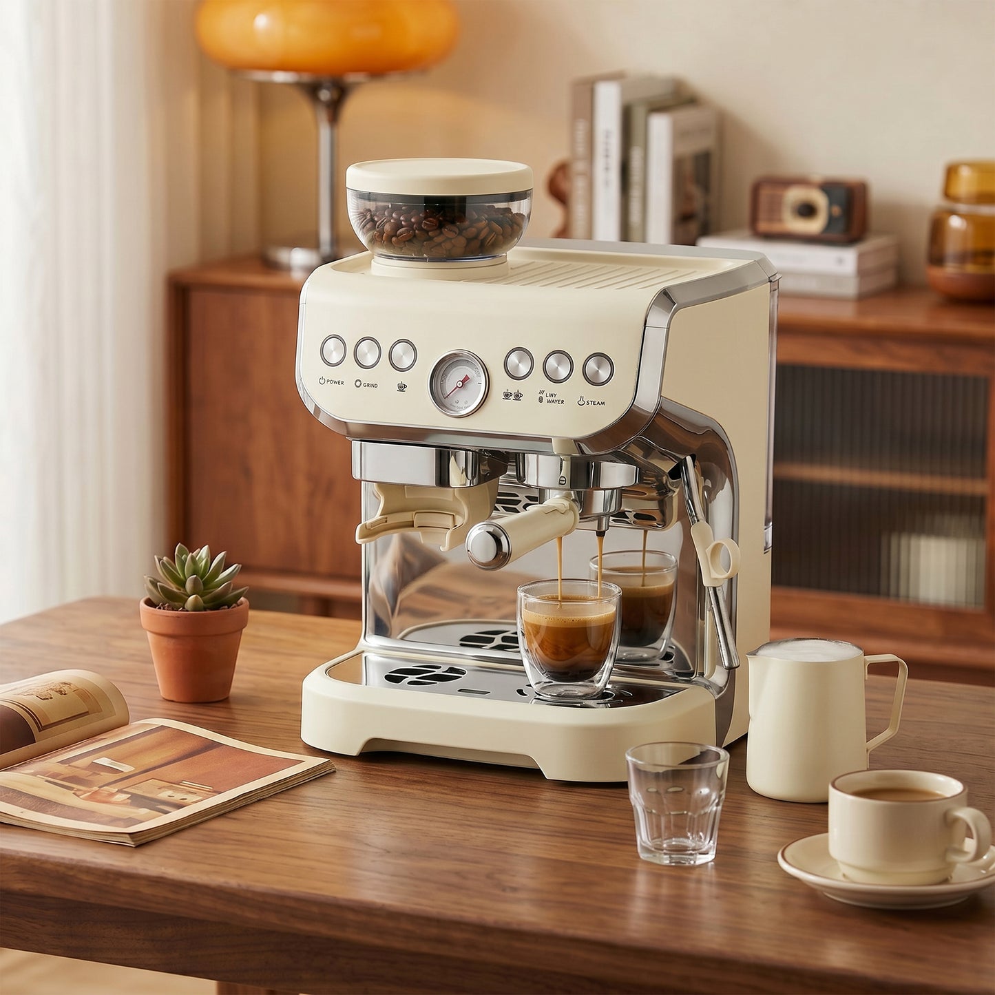 15 Bar Coffee Machine, with Adjustable Grind, Steamer and Accessories - Cream White