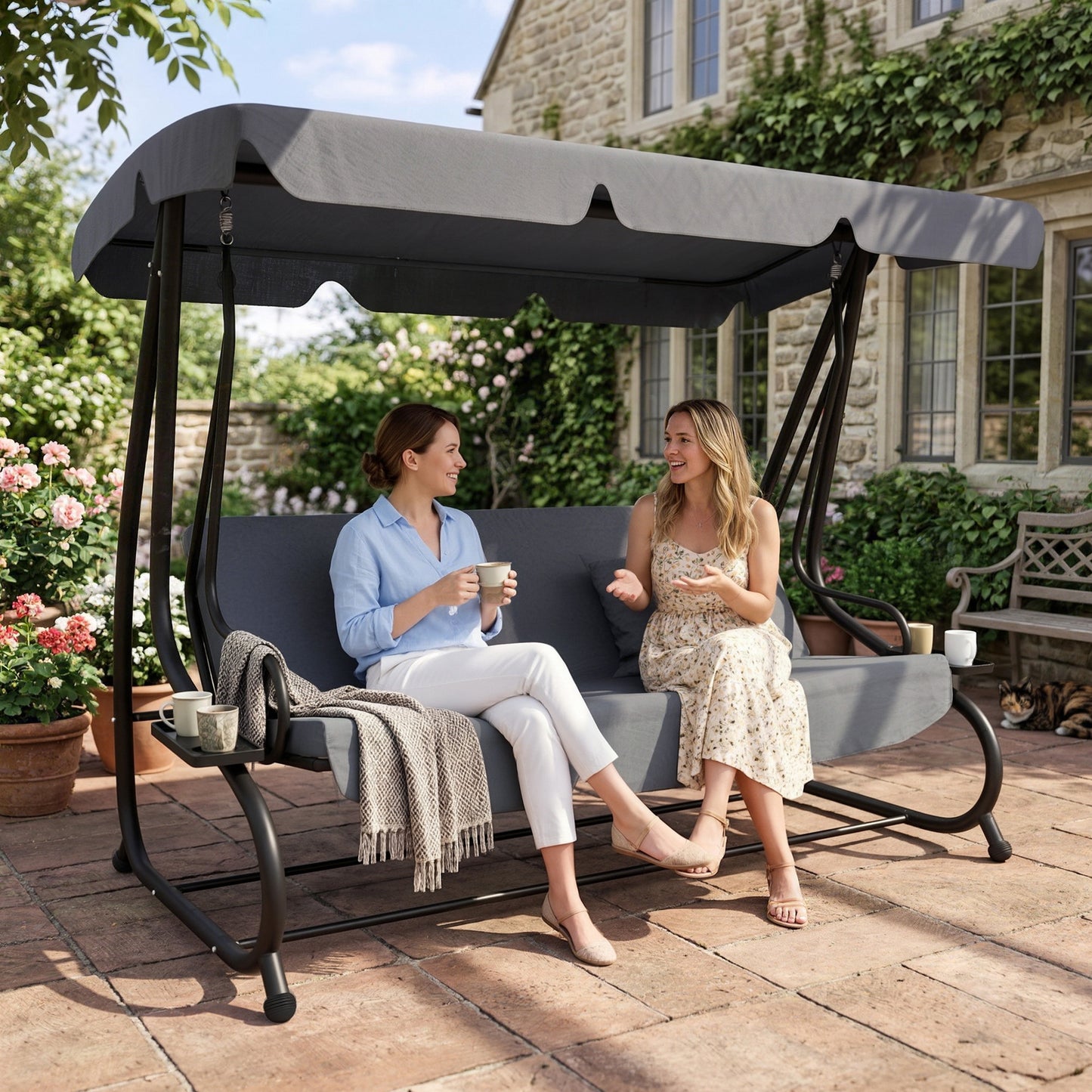 Three-Person garden Swing Chair, with Adjustable Canopy - Dark Grey