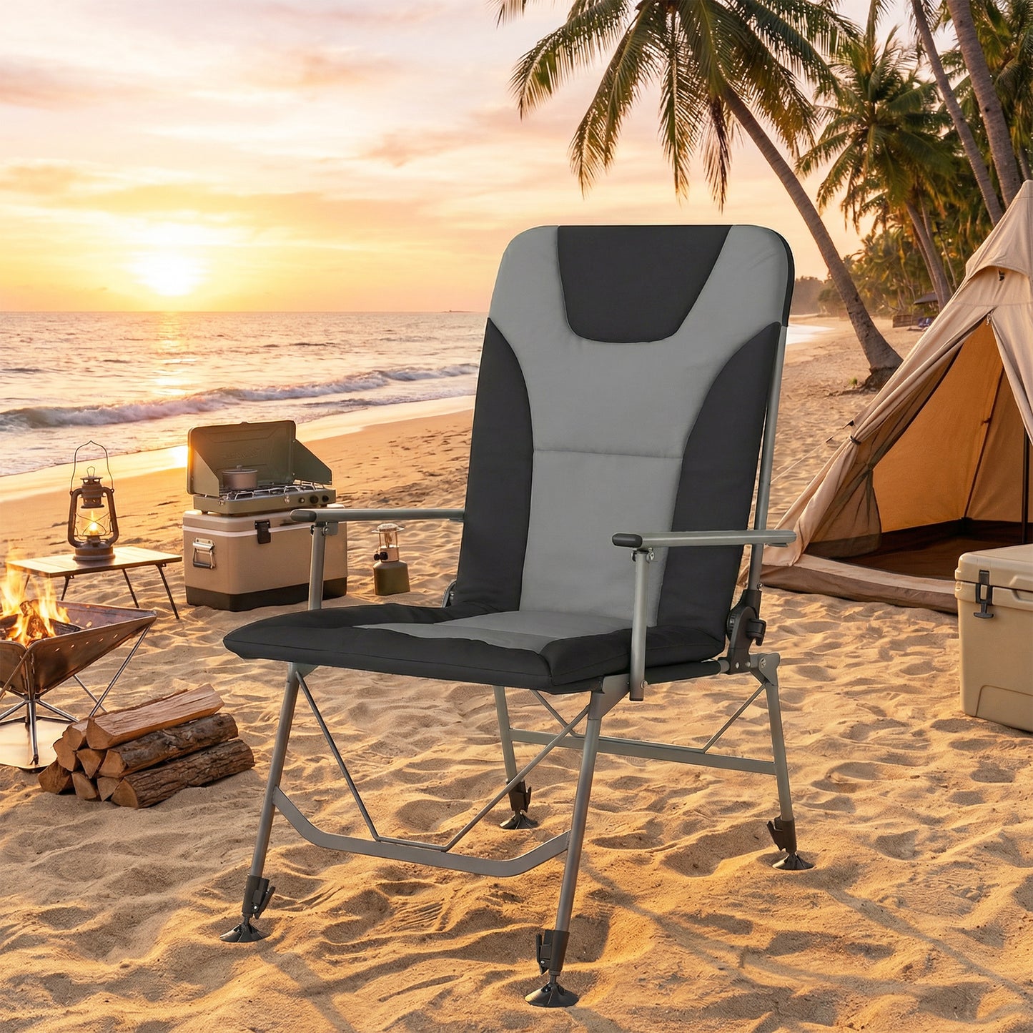 Camping Chair Padded Reclining Folding Chair with Wide Armrests for Adults Black