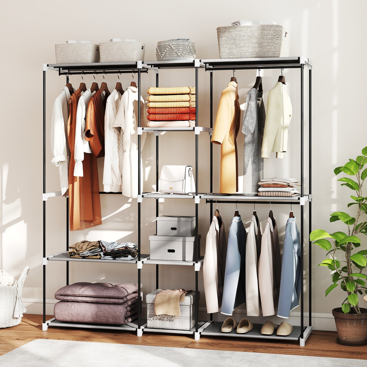 Portable Wardrobe, Open Clothes Wardrobe with 8 Shelves, 3 Hanging Rails, Light Grey