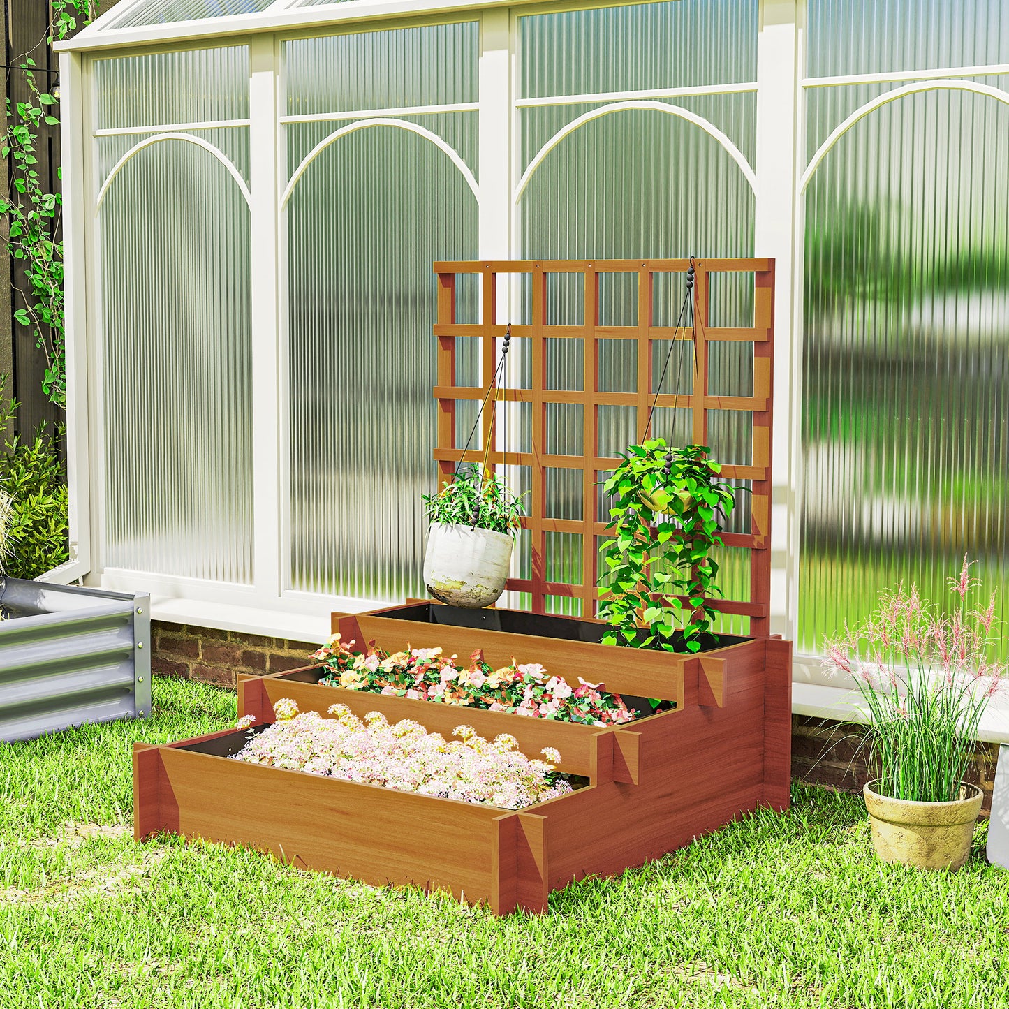 3 Tier Garden Planters with Trellis for Vine Climbing, Wooden Raised Beds, 95x95x110cm, Brown