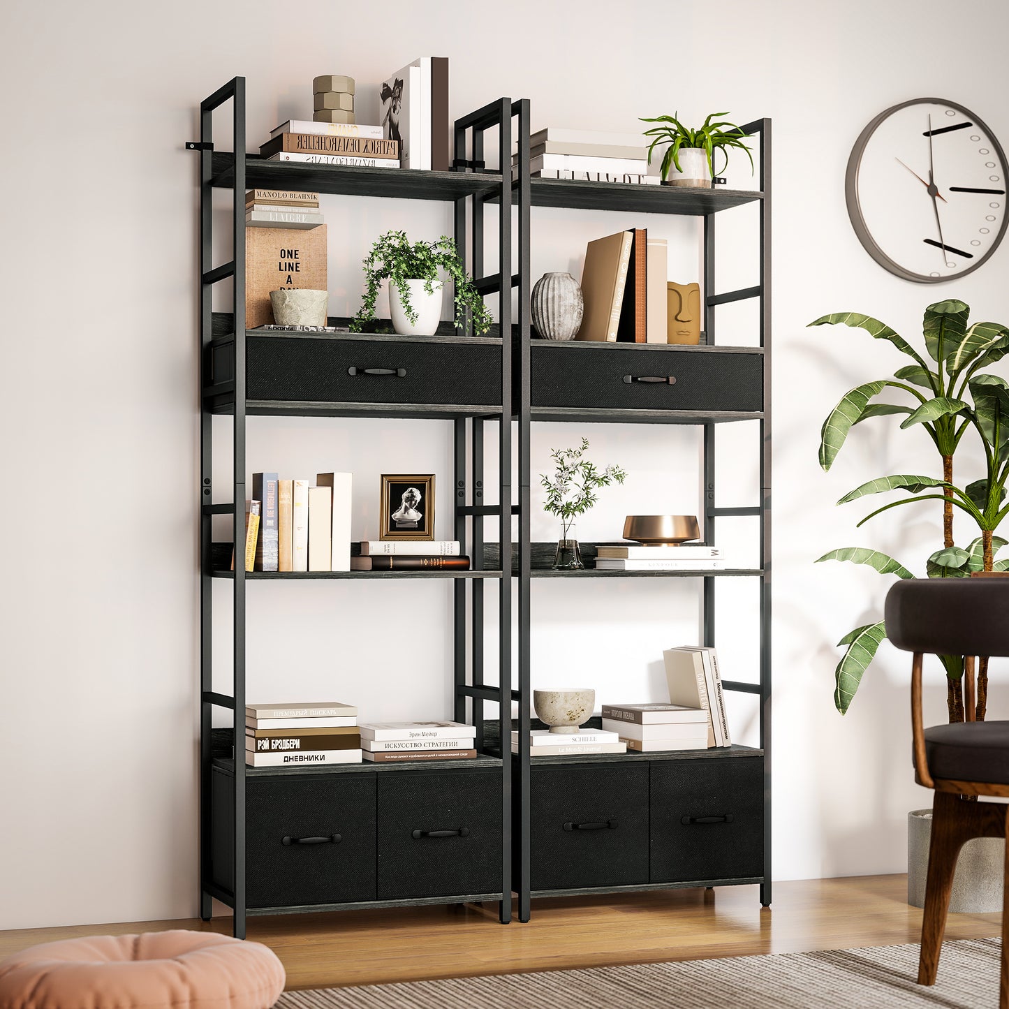Industrial Style Bookcase, with 4 Shelves and 3 Fabric Drawers - Grey/Black