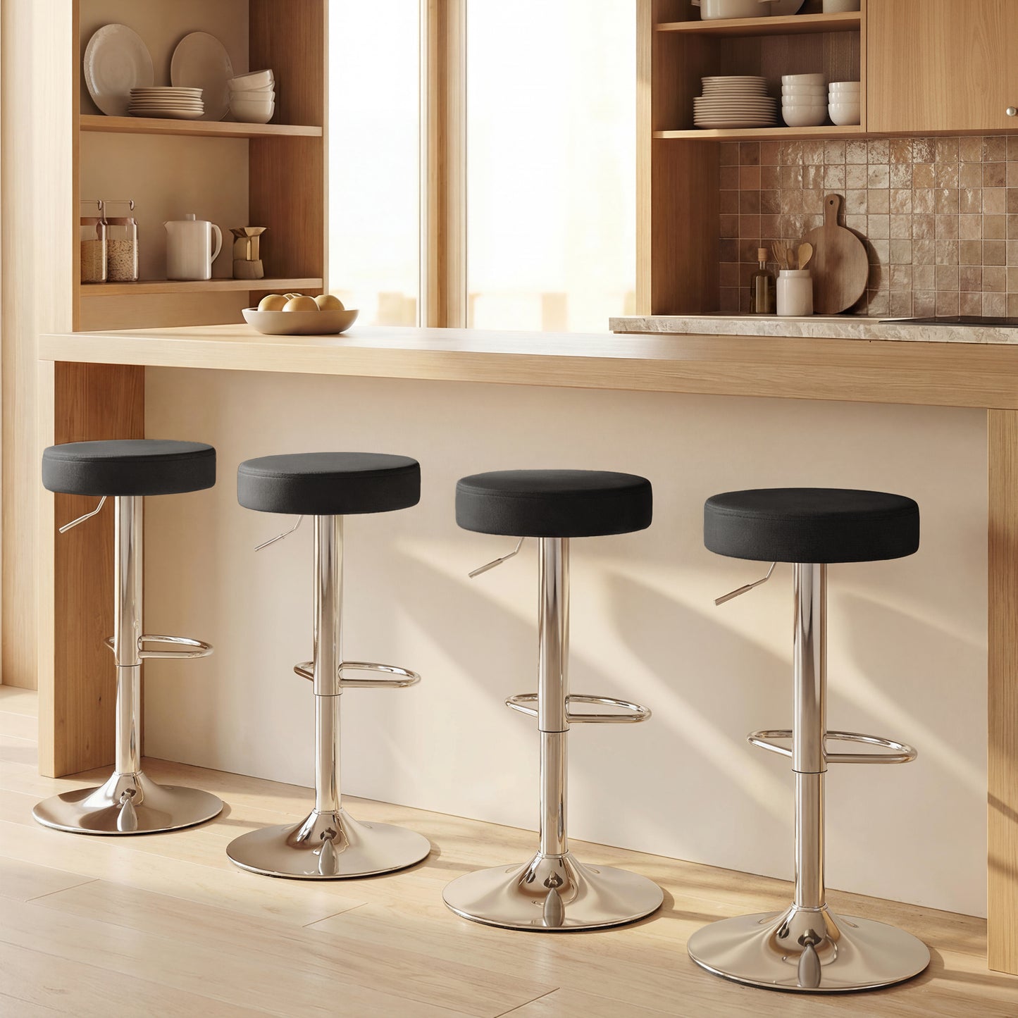 Bar Stools Set of 2, Modern PU Leather Swivel Barstools, Height Adjustable Breakfast Bar Chairs with Footrest, Black