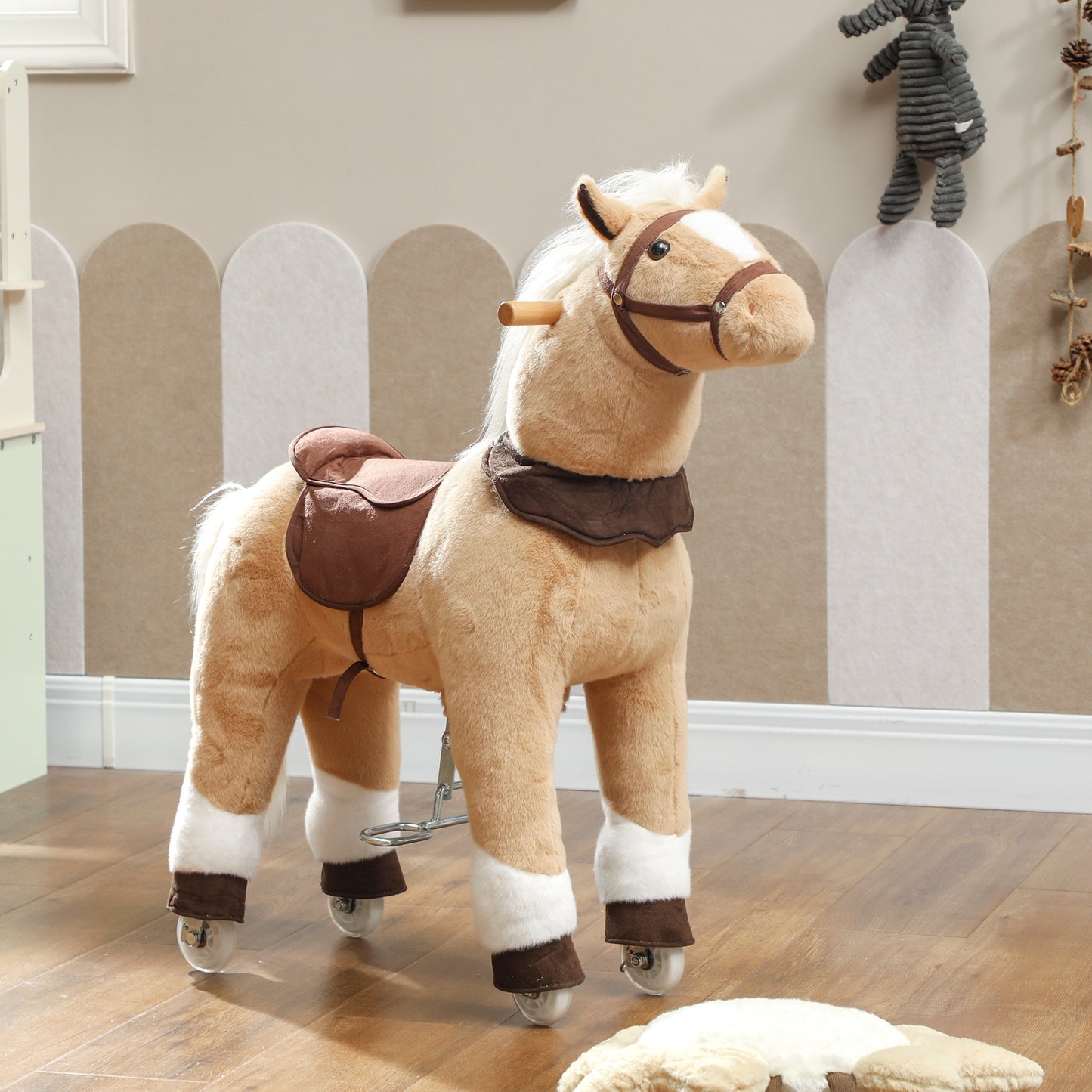 Rocking Horse, Plush Ride On Horse with Rolling Wheels & Saddle, Ride On Pony Toy for Kids 3-5 Years, Up to 25kg, Brown