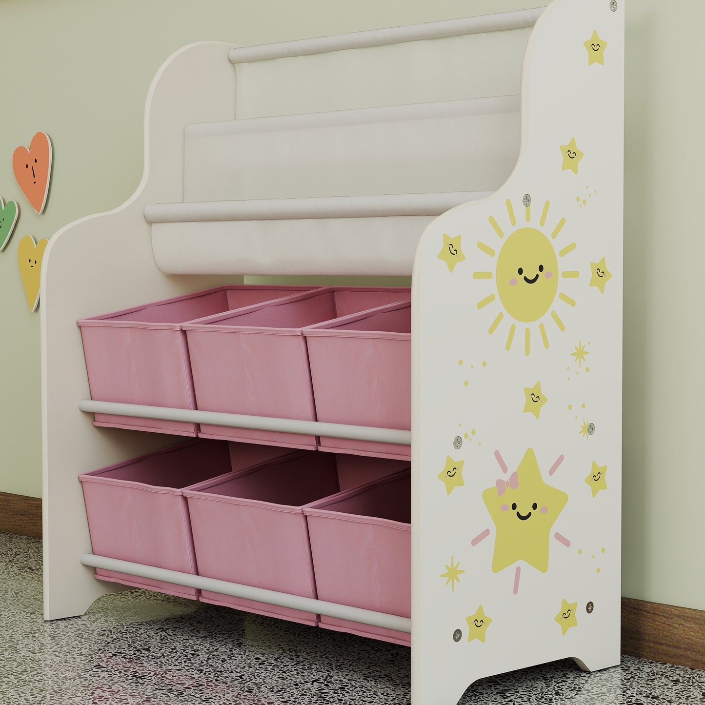 Kids Storage Unit, Toy Organiser with 6 Fabric Drawers and 2-Tier Sling Book Rack for Bedroom, Playroom, Nursery, Pink